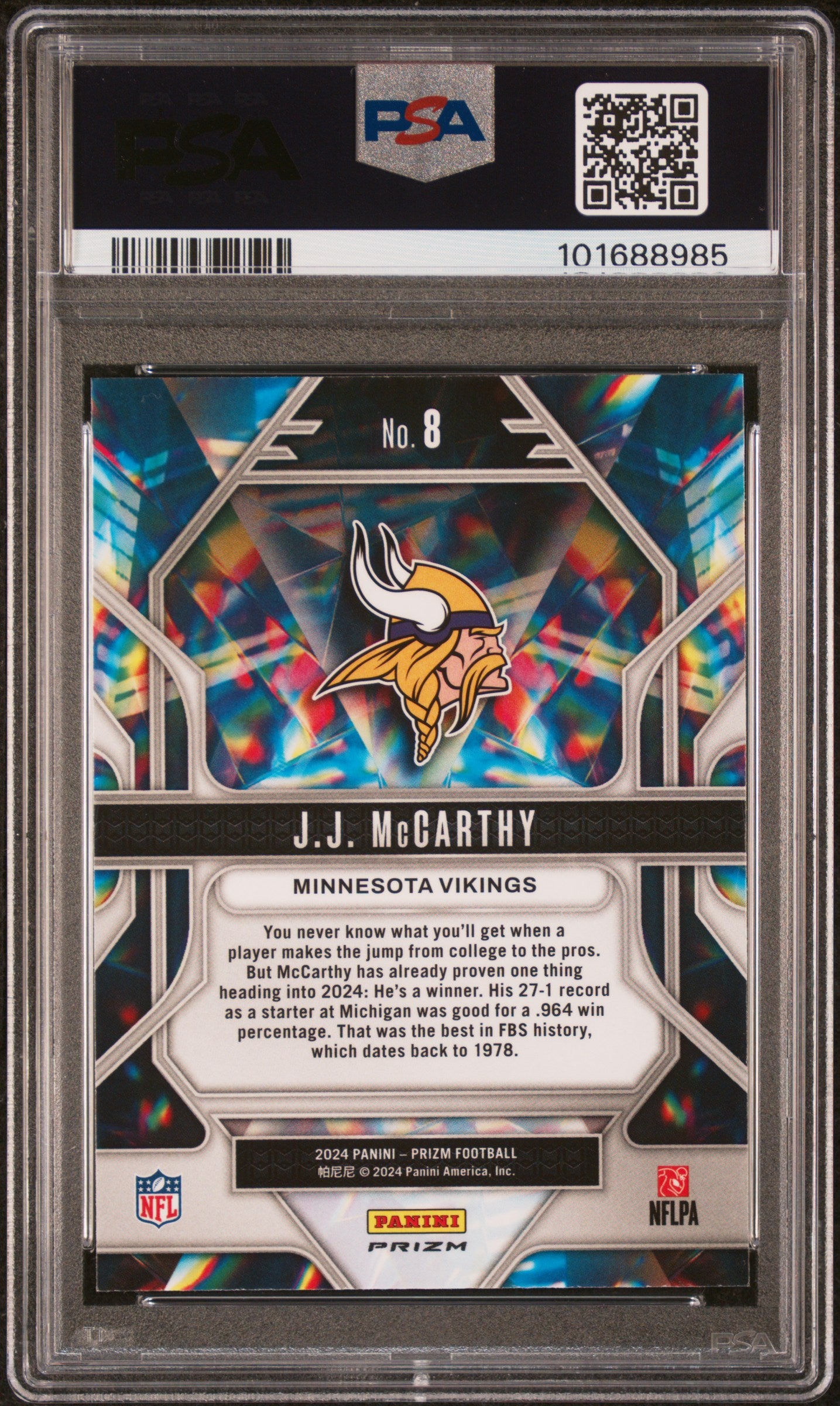 2024 Panini Prizm Prizmatic Silver #8 JJ McCarthy PSA 10 - Back