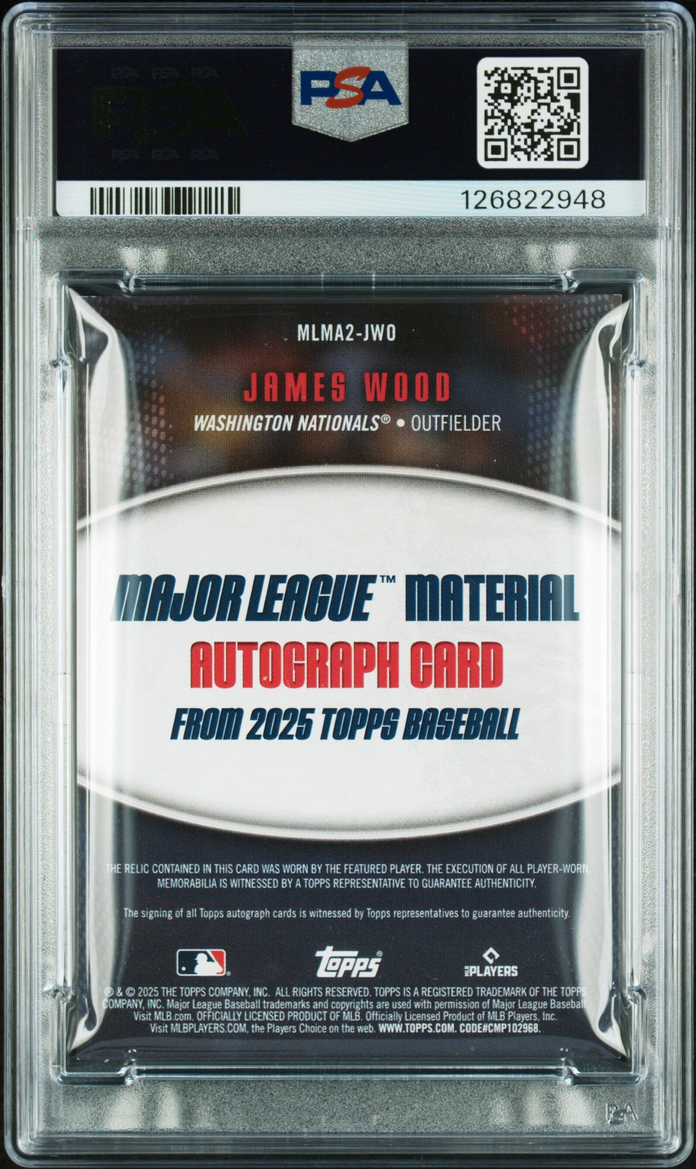 2025 Topps Major League Material Auto /50 James Wood PSA 8 - Back