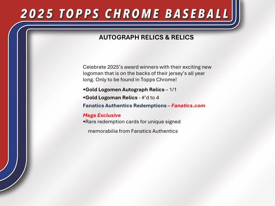 Promotional image for 2025 Topps Chrome Baseball featuring autograph and relic information.