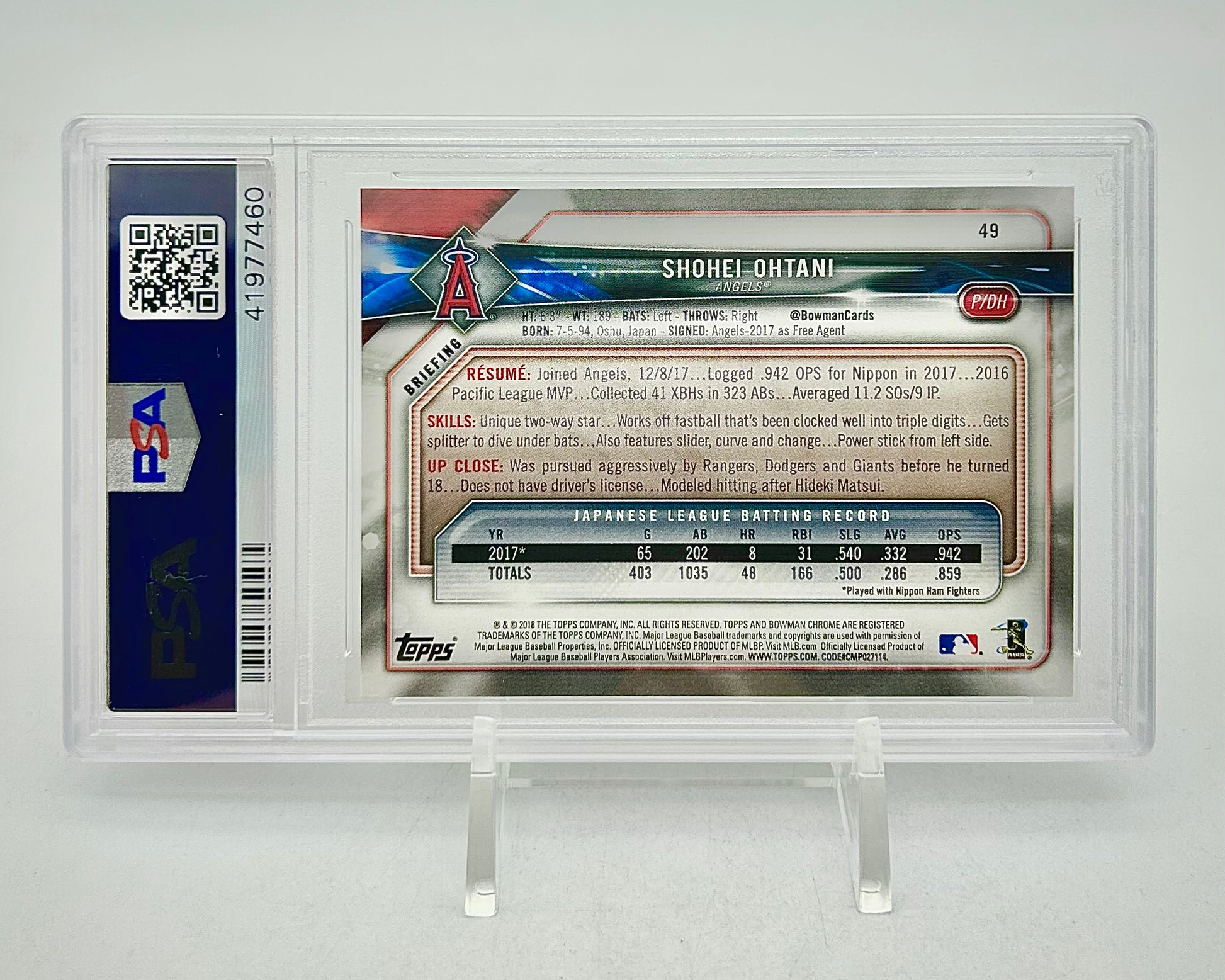2018 Bowman Shohei Ohtani #49 PSA 10