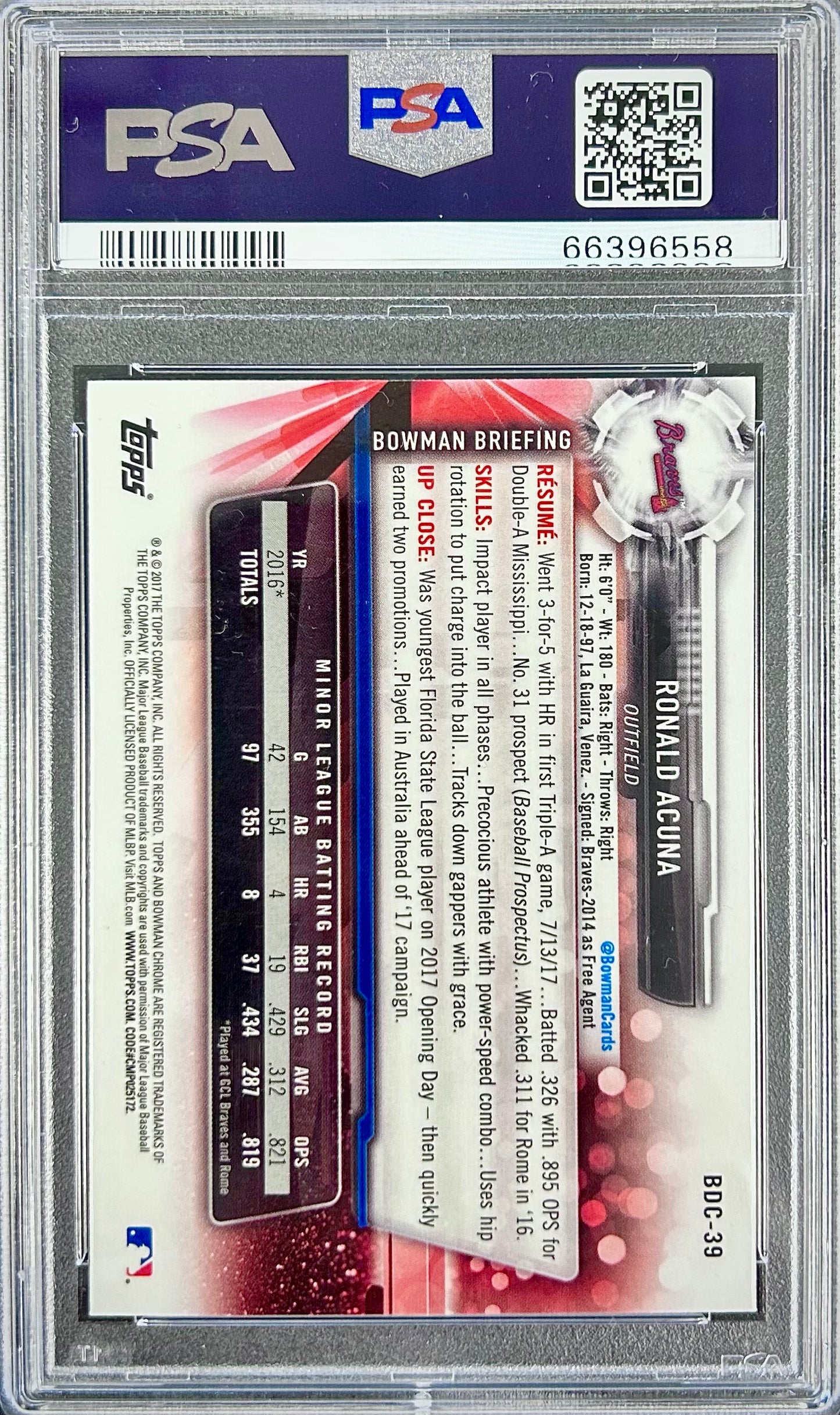 2017 Bowman Draft Chrome #BDC39 Ronald Acuna PSA 9