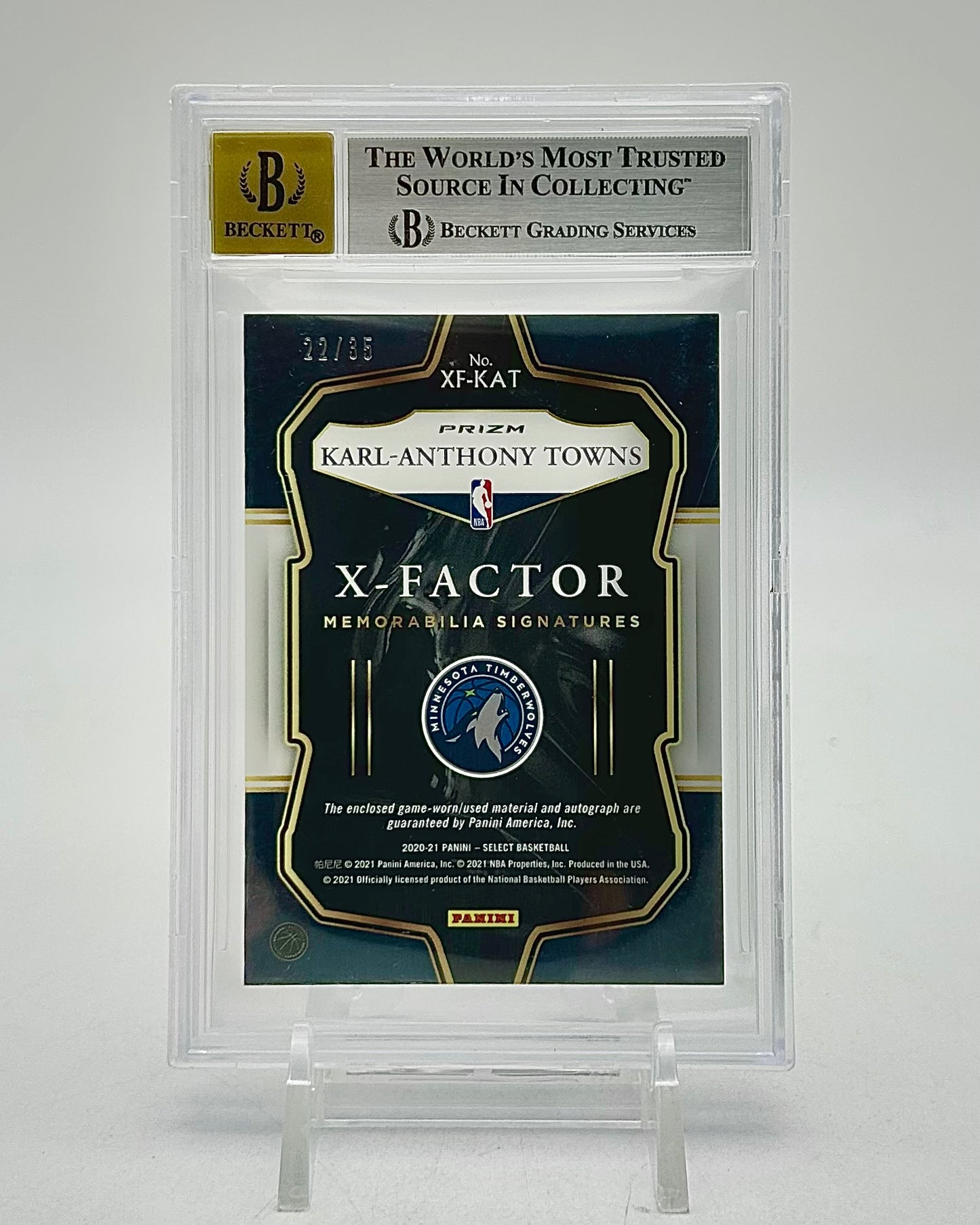 2020-21 Panini Select X-Factor Memorabilia Signatures Purple /35: #XF-KAT Karl-Anthony Towns (BGS 9 / Auto 10)