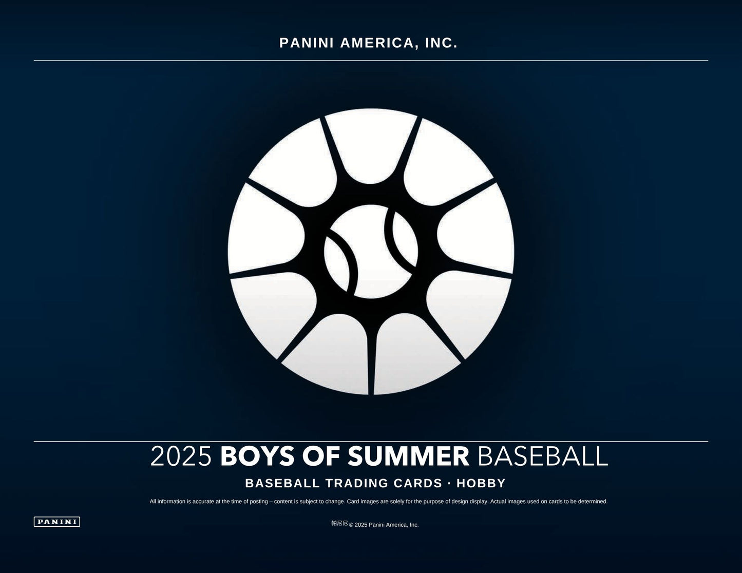 2025 Boys of Summer Baseball trading cards packaging with Panini America, Inc. branding on a dark blue background.
