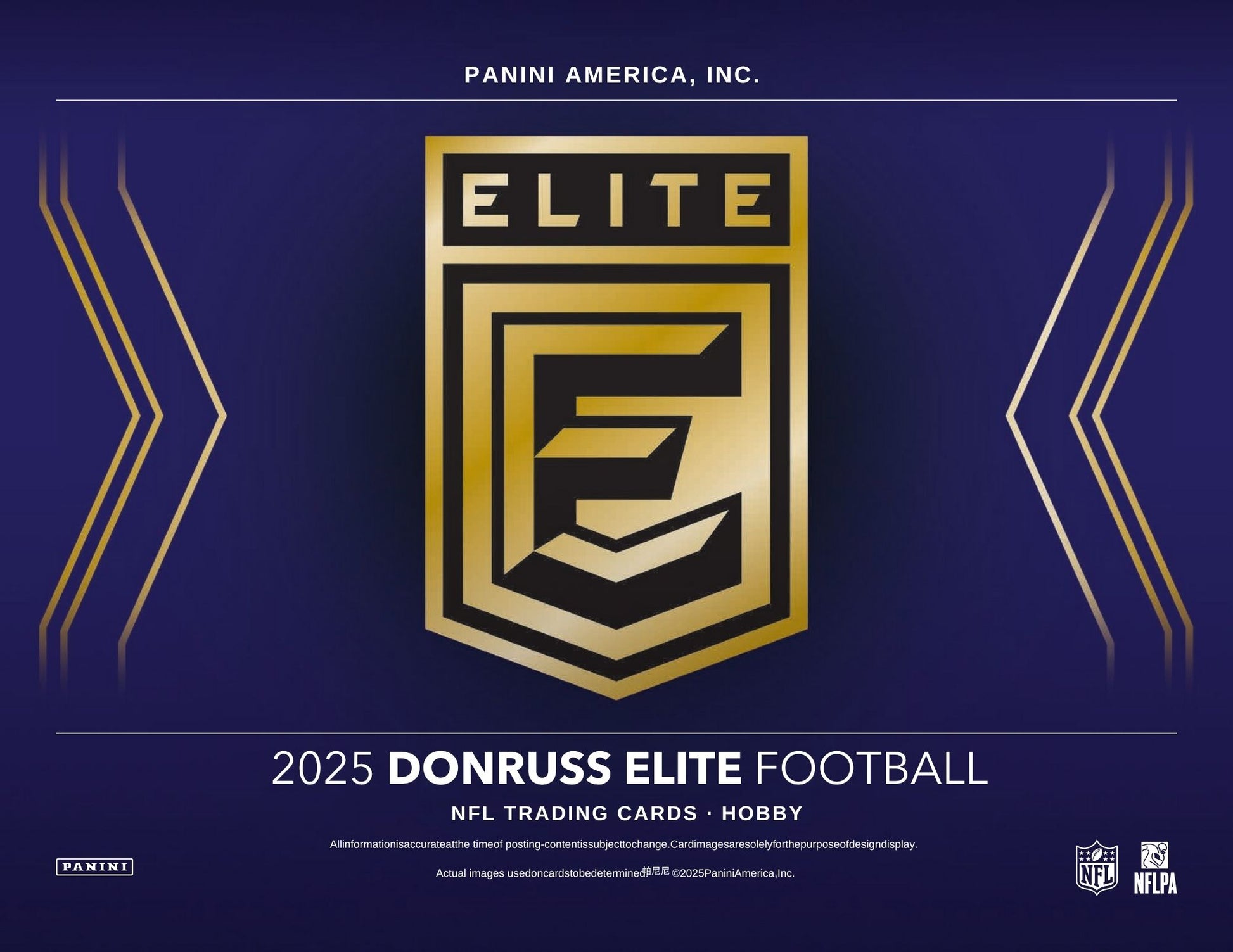 2025 Donruss Elite Football trading card packaging with Panini America, Inc. logo on a blue background.