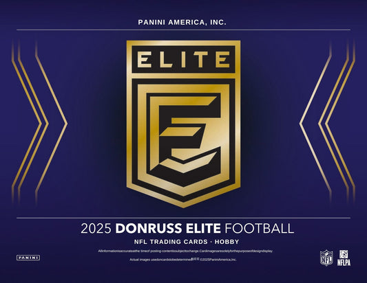 2025 Donruss Elite Football trading card packaging with Panini America, Inc. logo on a blue background.
