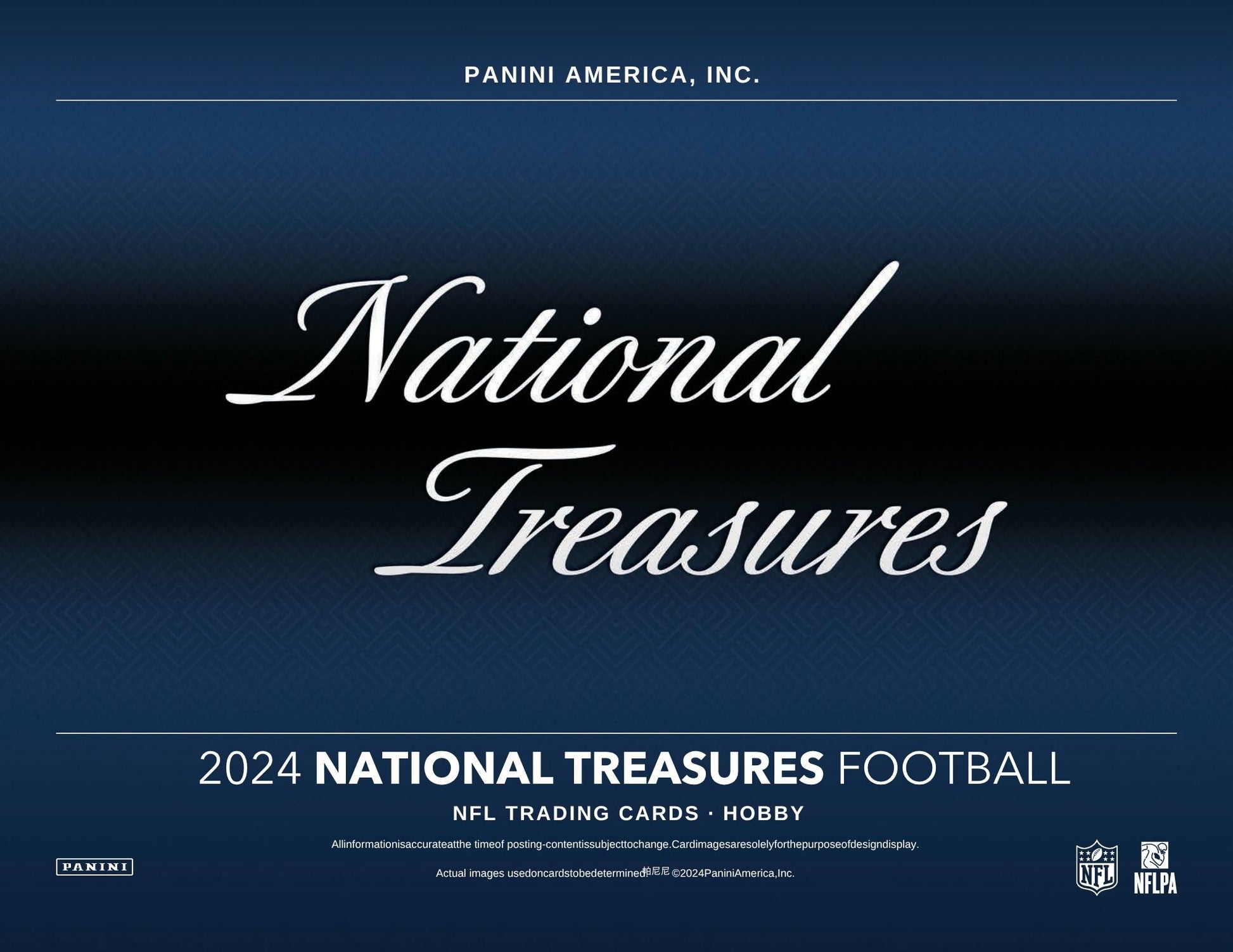 2024 National Treasures Football trading cards by Panini America, featuring the brand name and product details on a dark blue background.