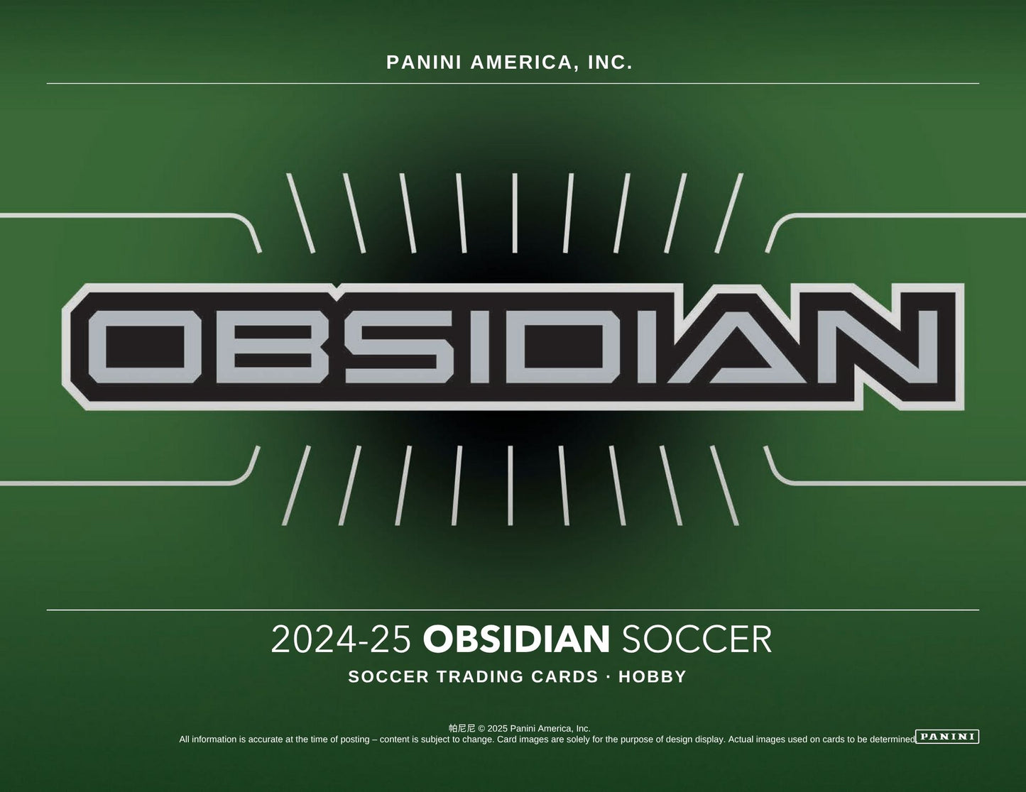 Obsidian soccer trading card packaging with Panini America, Inc. branding on a green background.