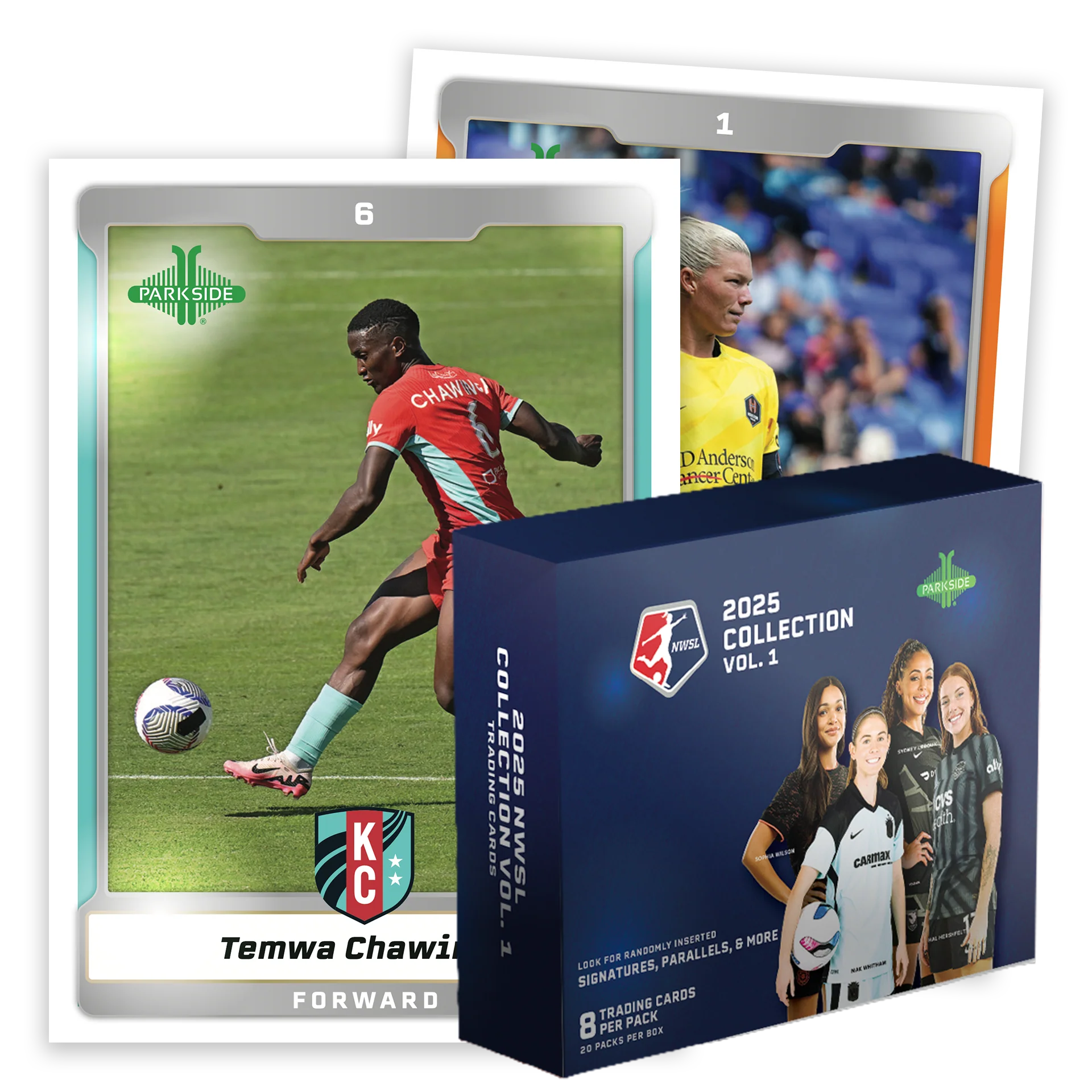 Soccer trading card pack with cards featuring athletes and a box for the 2025 NWSL collection vol 1 soccer hobby box.