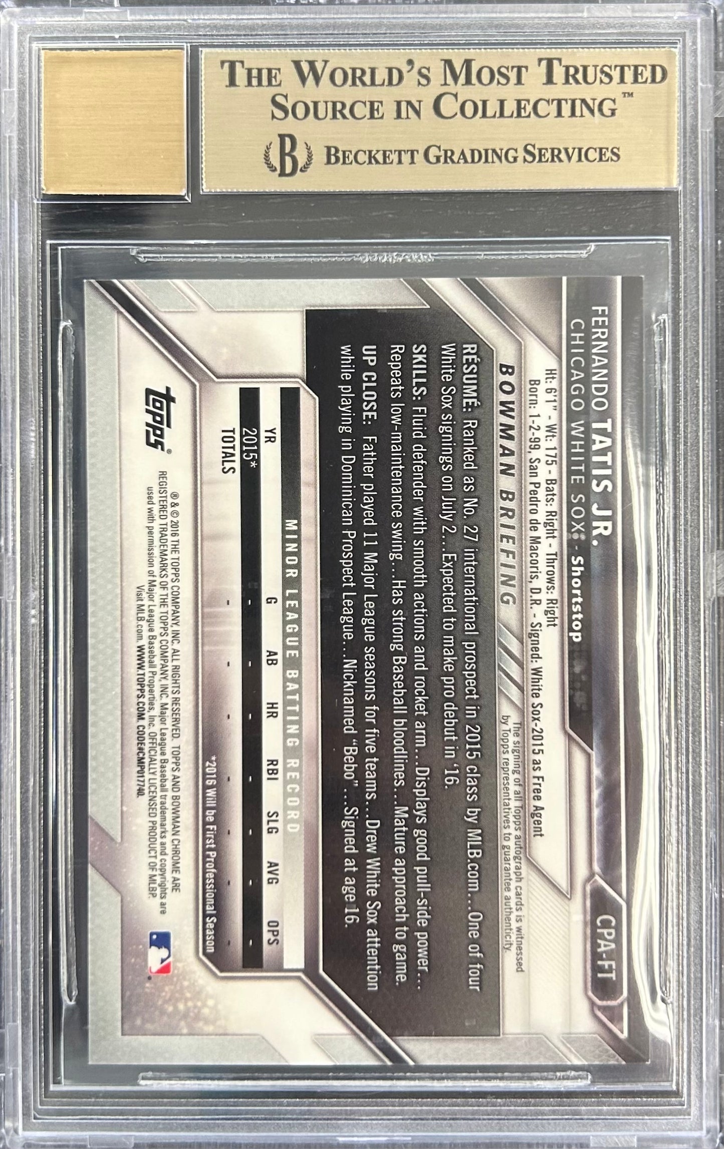 2016 Bowman Chrome Prospect Autographs #CPAFT Fernando Tatis Jr BGS 9.5 / Auto 10