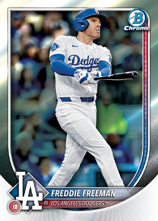 Baseball trading card of Freddie Freeman in a Los Angeles Dodgers uniform, featuring the brand Bowman Chrome.