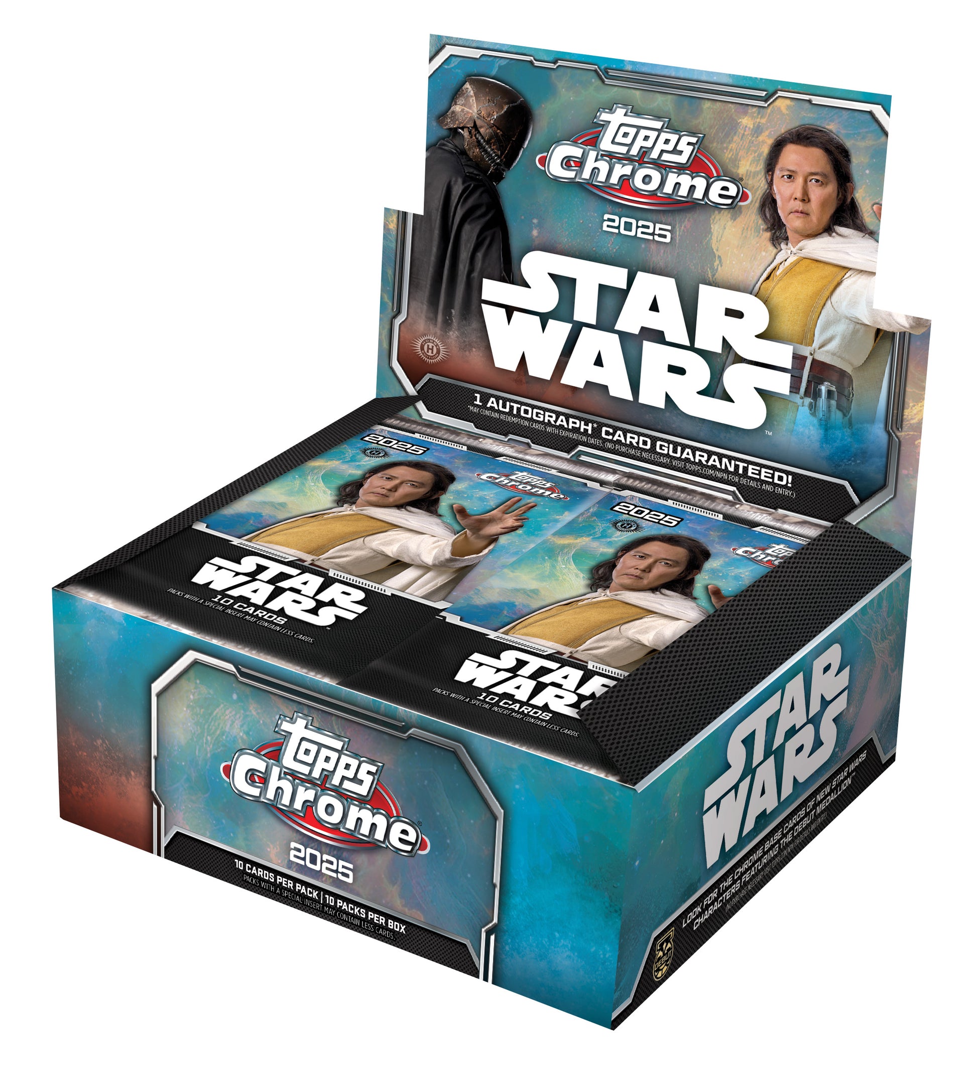 Topps Chrome 2025 Star Wars trading card box on a white background