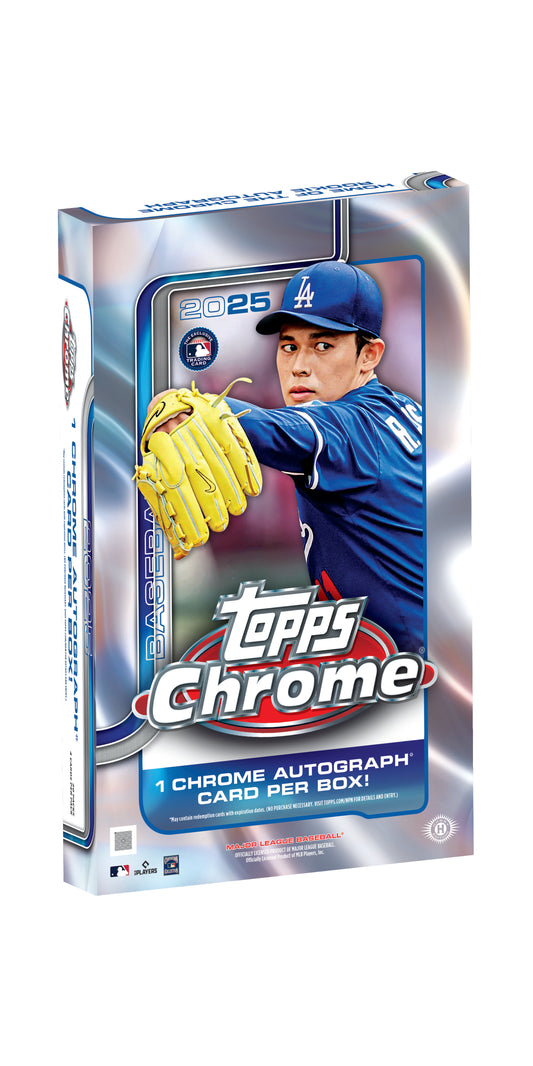 2025 Topps Chrome baseball Hobby Box with Roki Sasaki on a white background