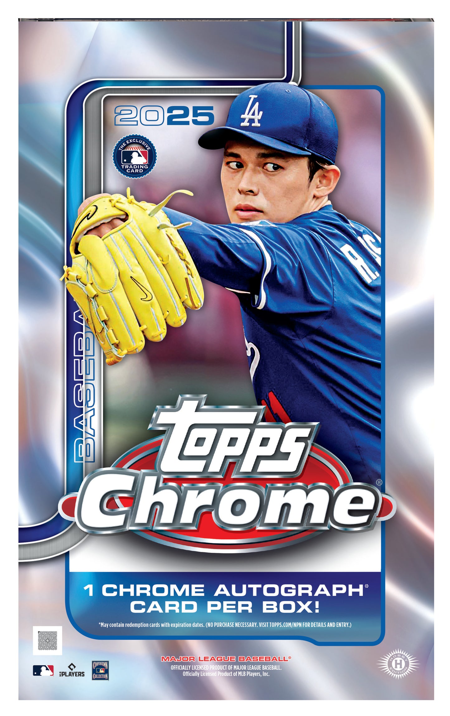 2025 Topps Chrome baseball Hobby Box with Roki Sasaki on a white background