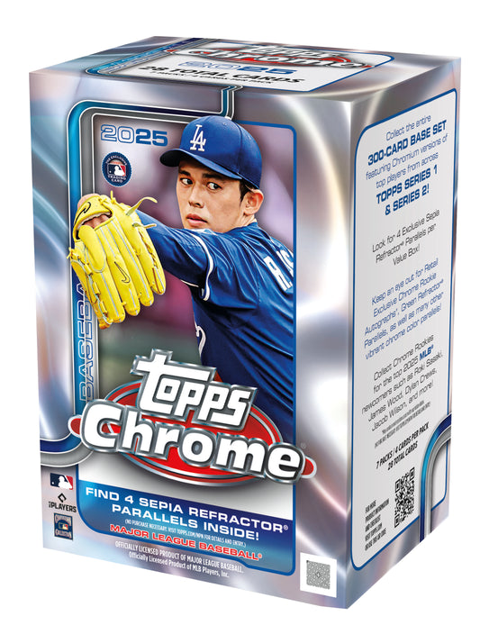 2025 Topps Chrome baseball trading card box with player image and branding