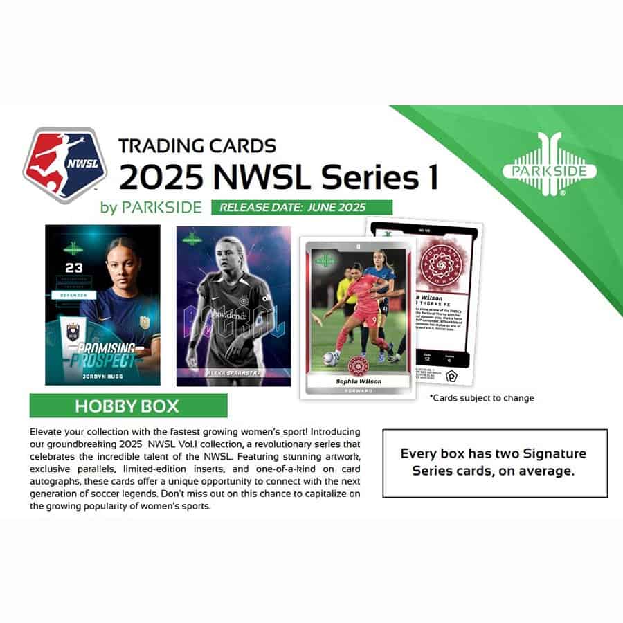 2025 NWSL NWSL Series 1 trading cards by Parkside with images of soccer players and text about the product.
