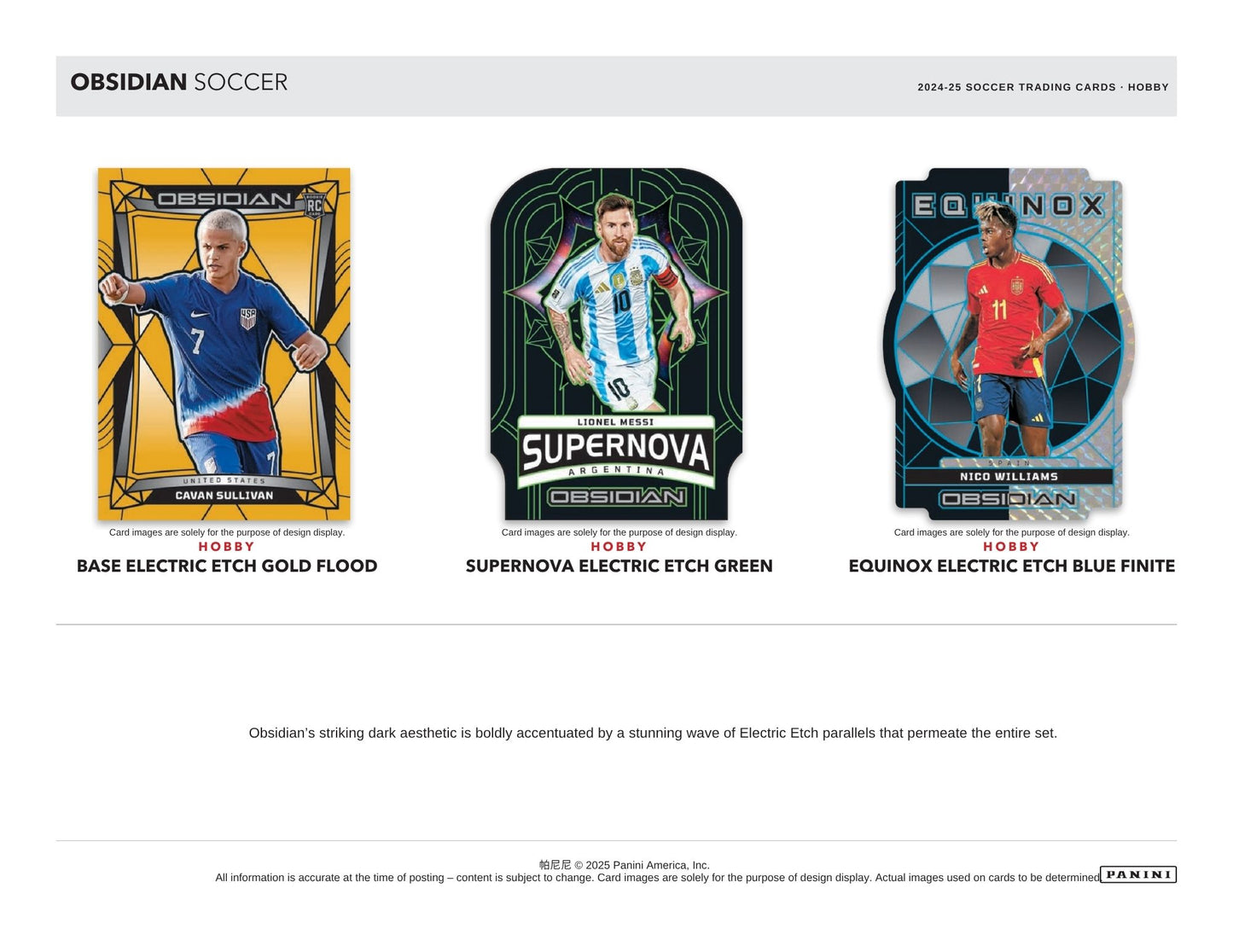 Three Panini Obsidian soccer trading cards displayed on a white background with branding and product details.