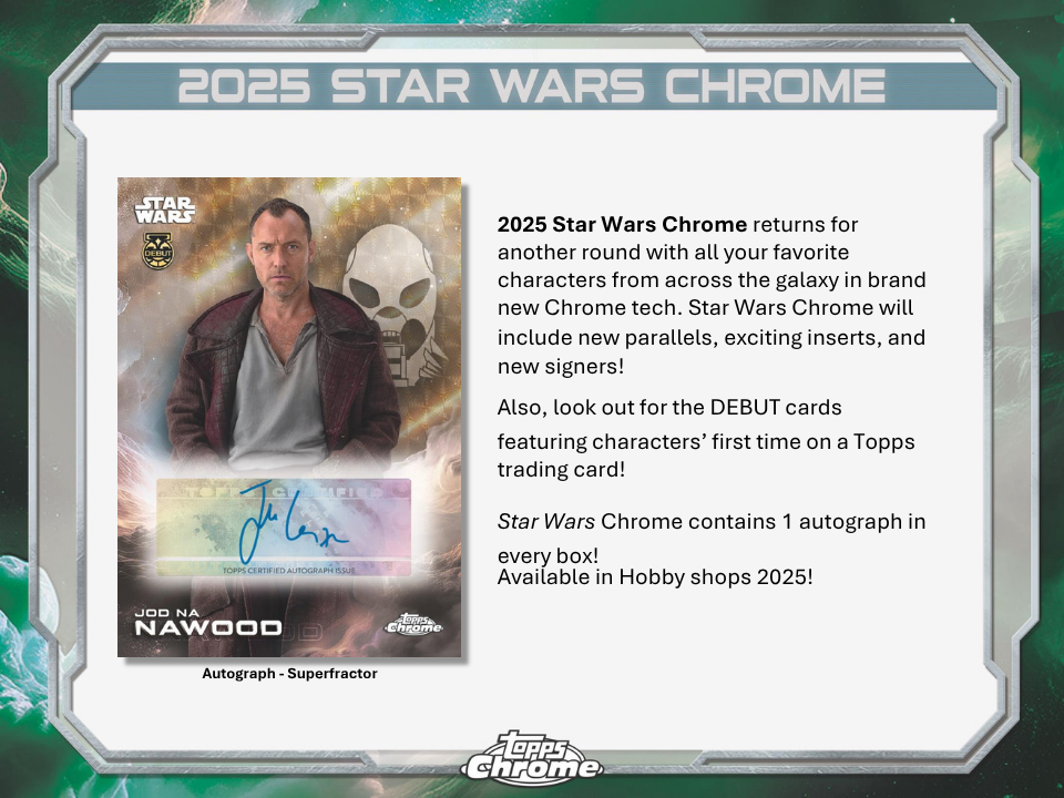 2025 Star Wars Chrome trading card with character image and promotional text.