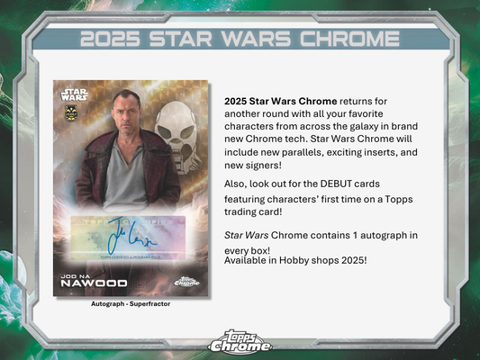 2025 Star Wars Chrome trading card with character image and promotional text.