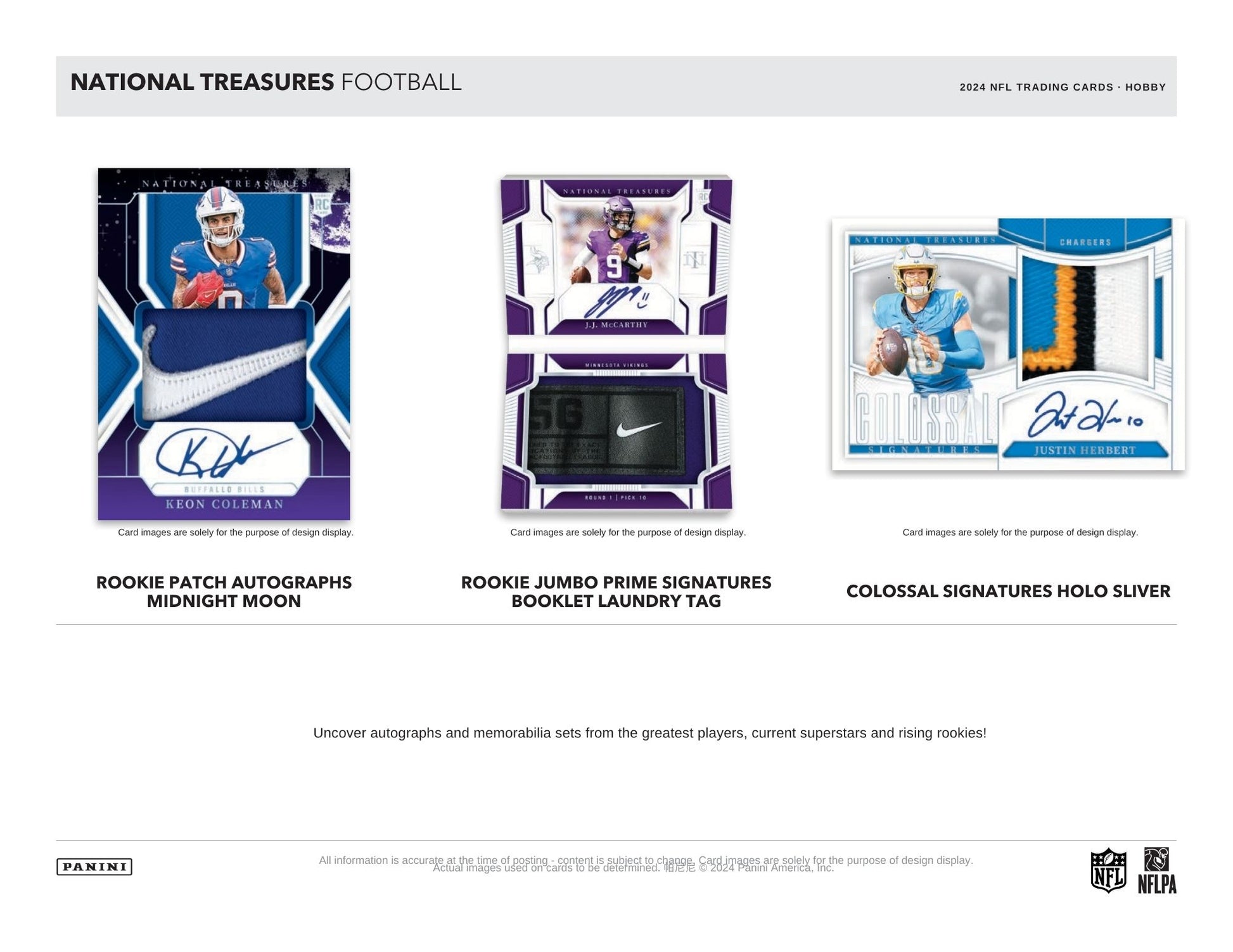 National Treasures Football trading cards with player images and card types on a white background.