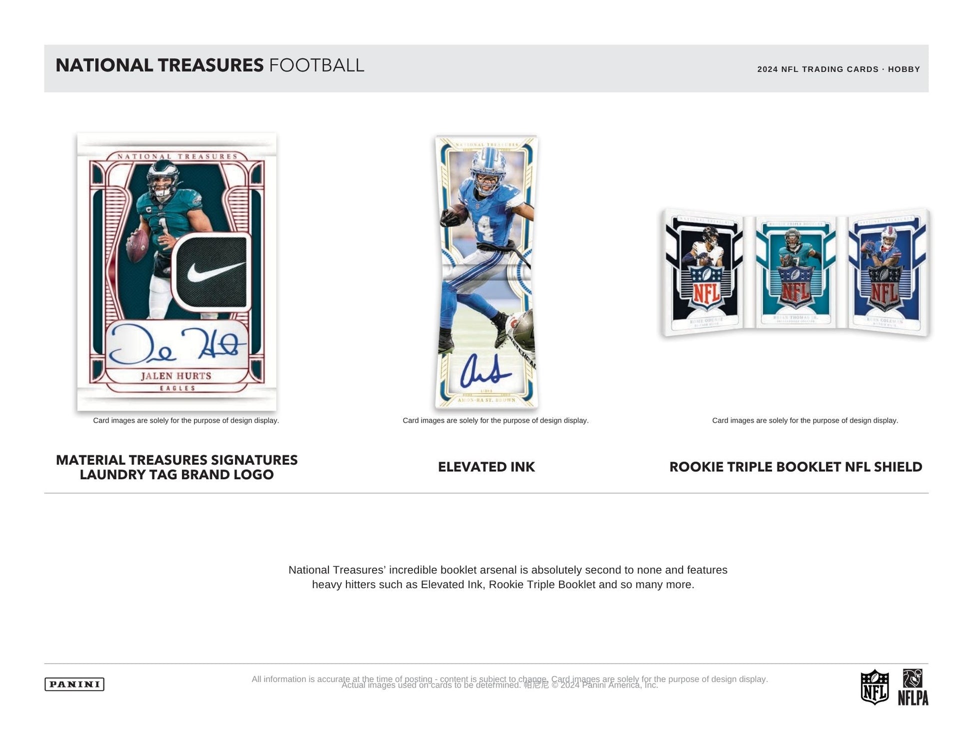 Panini National Treasures football trading cards with player images and brand logos.