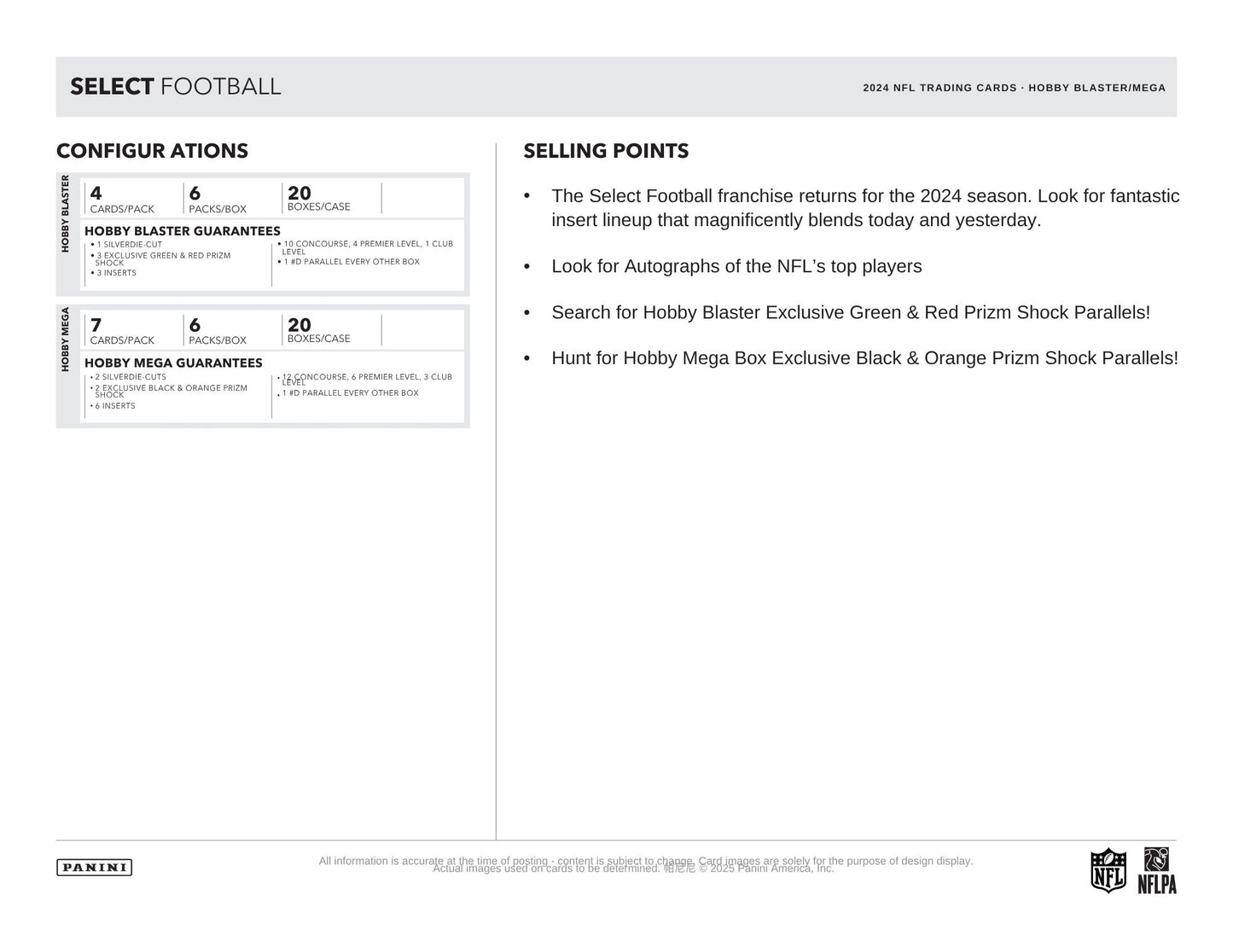2024 Panini Select Football Hobby Mega box product sheet with configuration options and selling points.