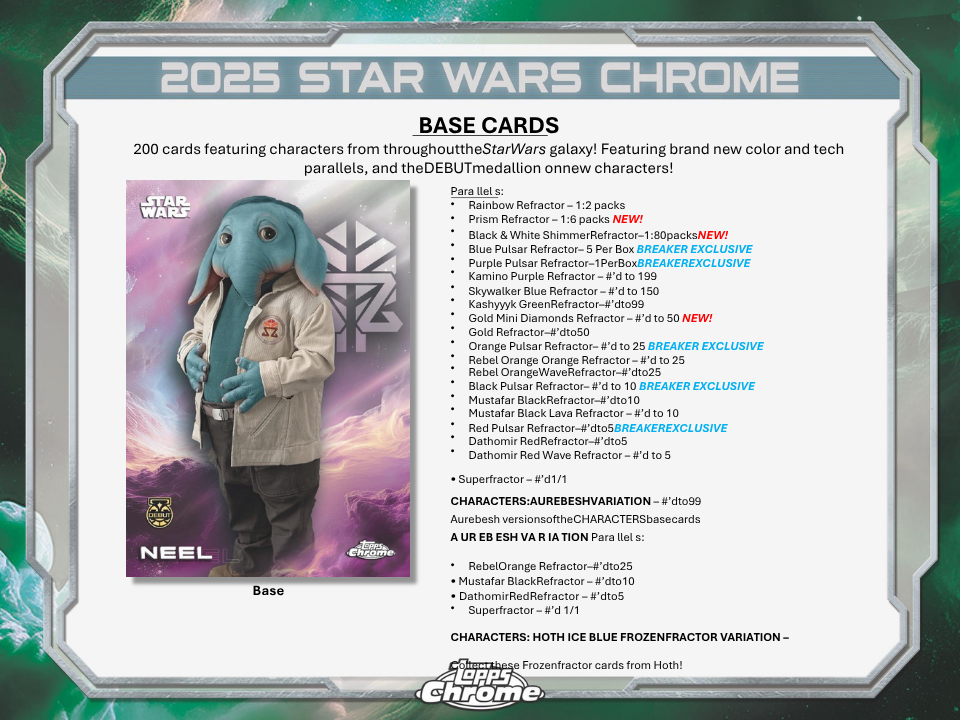 Star Wars Chrome trading card with character image and card details on a green background