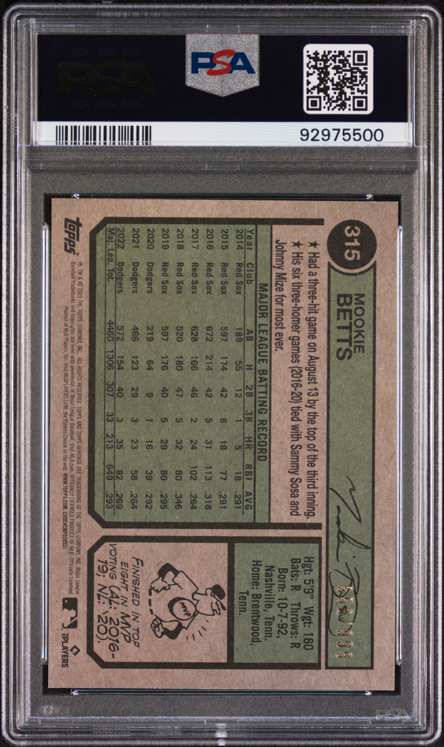 2023 Topps Heritage Chrome /999 Mookie Betts #315 PSA 10