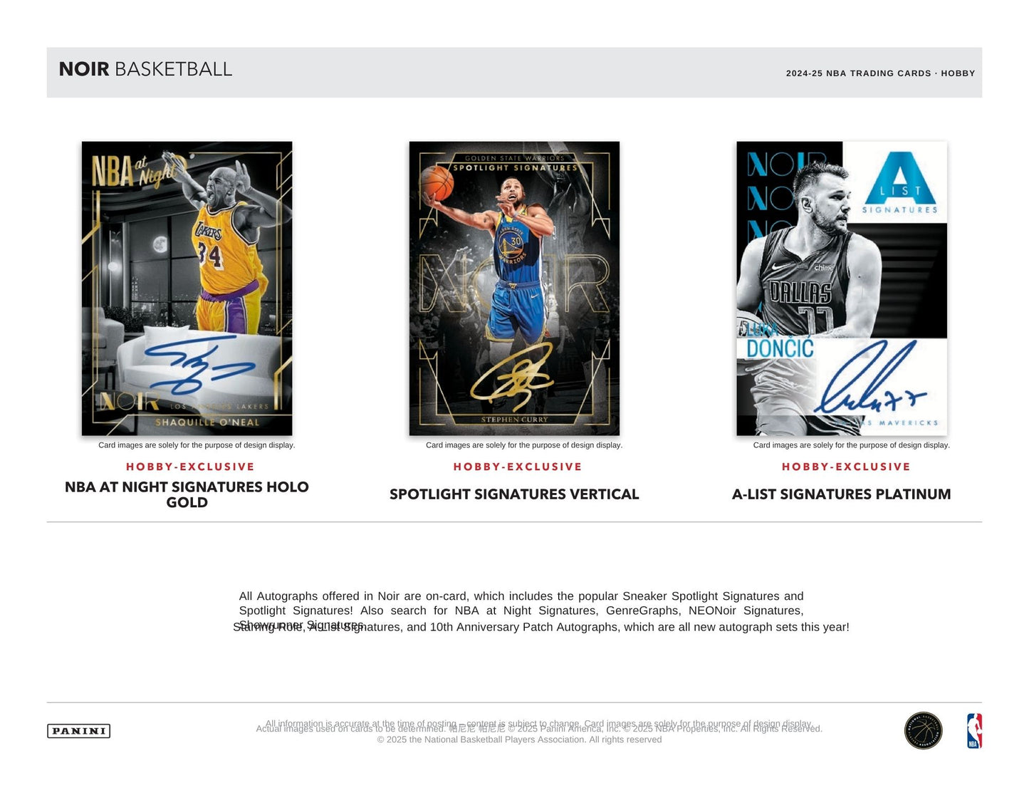 Panini Noir Basketball trading card display with three cards featuring different players and autographs.
