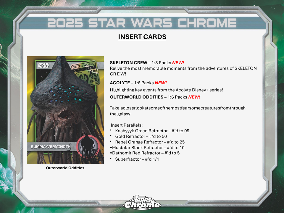 Promotional card for 2025 Star Wars Chrome trading cards featuring a creature illustration and text about new packs and inserts.