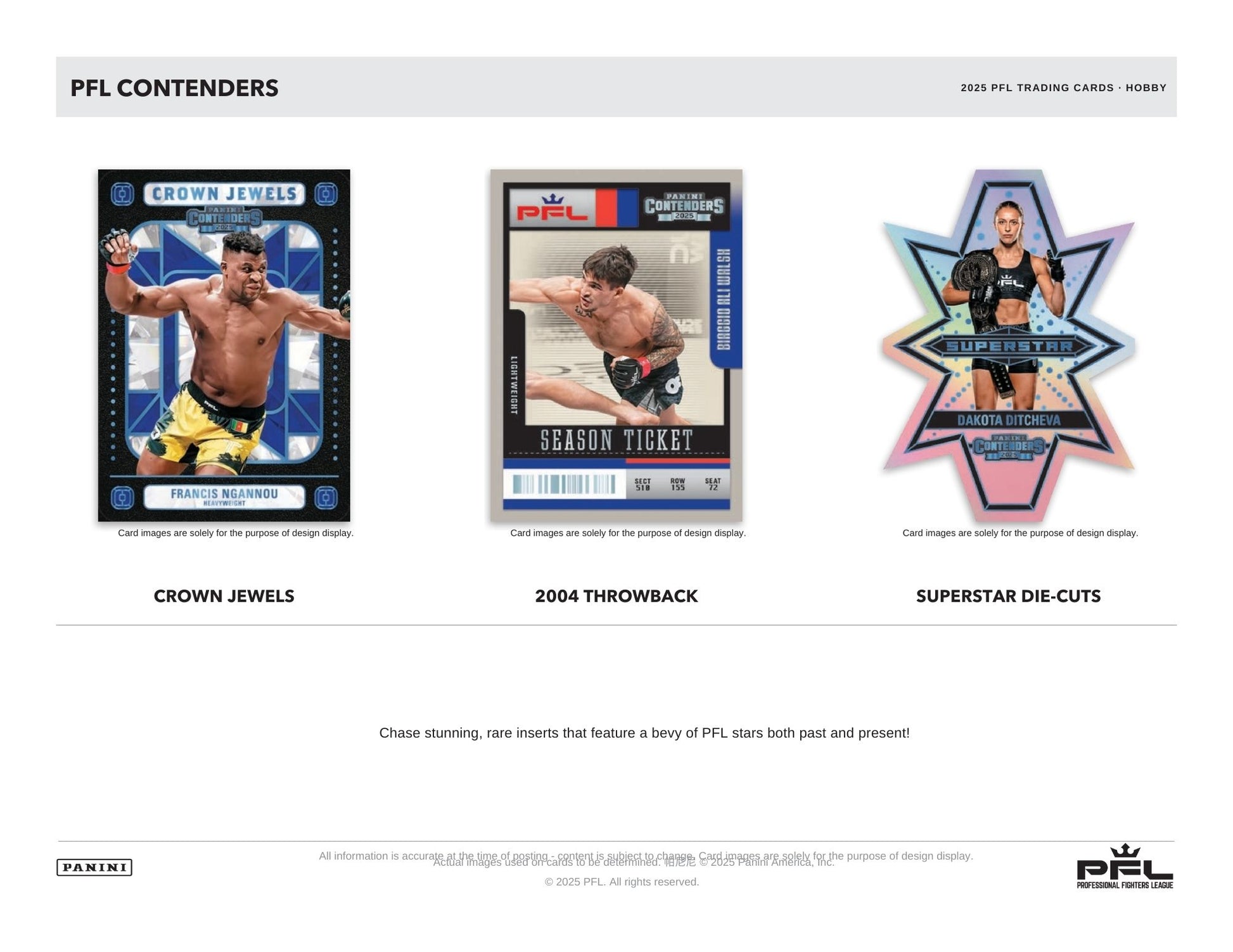 Three PFL trading cards displayed on a white background with branding and text. 2025 Panini Dontenders PFL Hobby Box