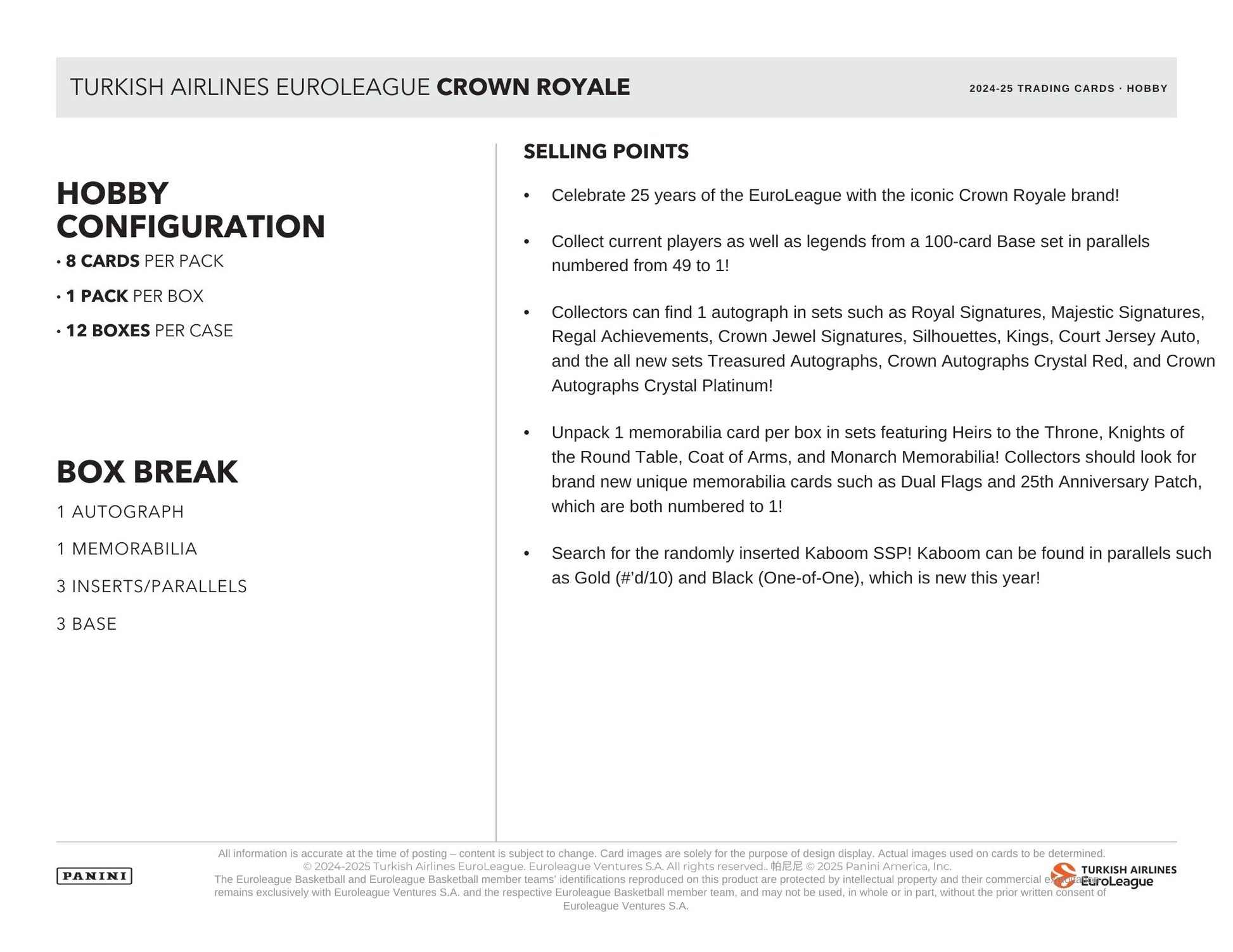 2024-25 Panini Crown Royale EuroLeague Basketball Hobby Box configuration and selling points.