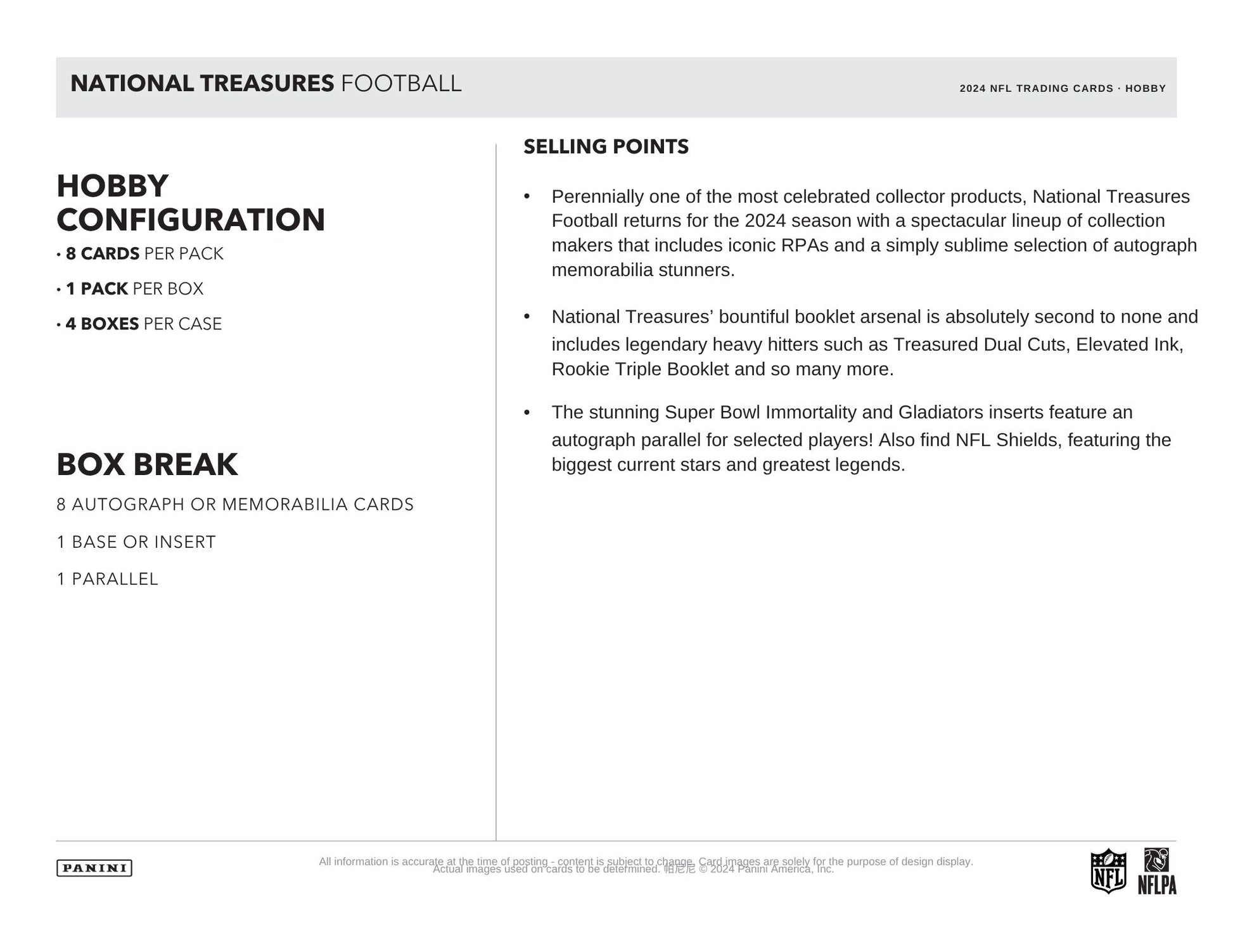 Product description page for Panini National Treasures Football trading cards with hobby configuration and selling points.