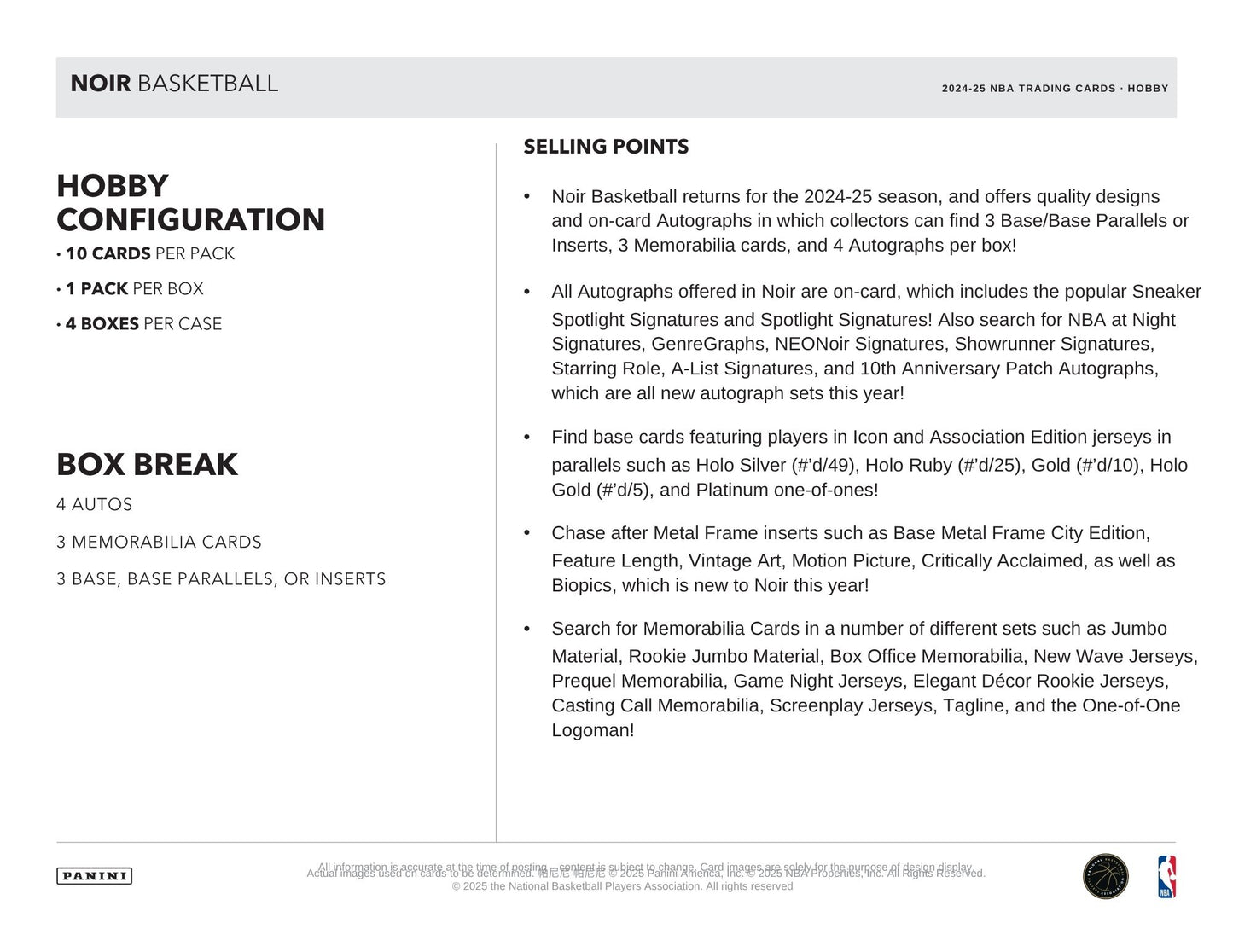 2024-25 Panini Noir Basketball trading card product description with hobby configuration details.
