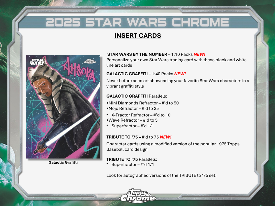2025 Star Wars Chrome trading card insert with character illustration and promotional text.