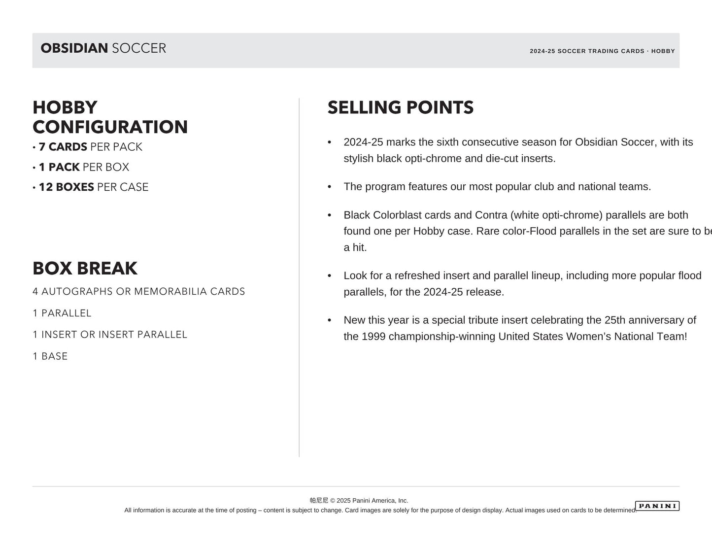 2024-25 Panini Obsidian Soccer trading card product sheet with hobby configuration and selling points.