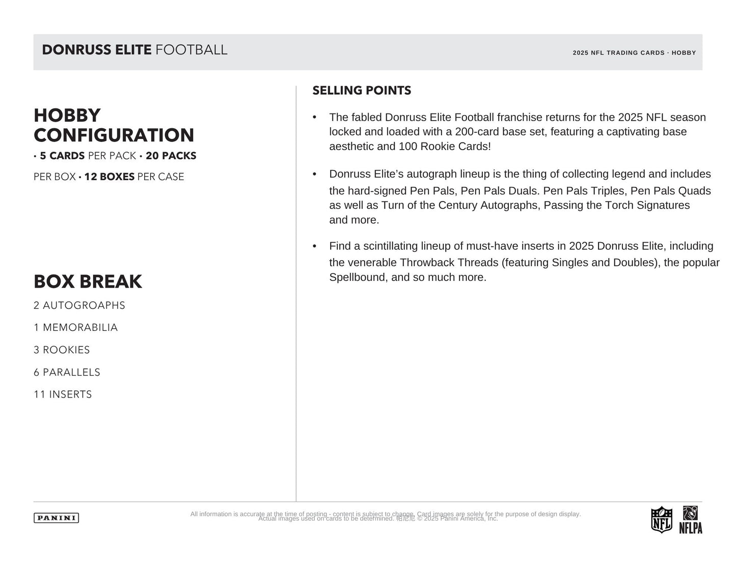 Donruss Elite Football trading card product description page with hobby configuration and selling points.