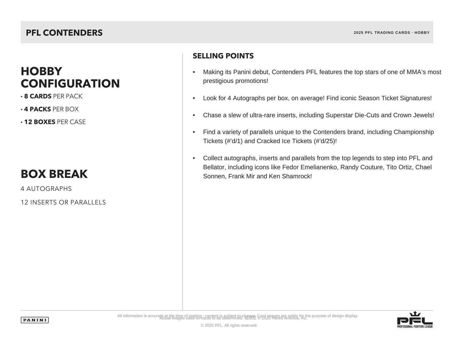 Product packaging with text detailing hobby configuration, box break, and selling points for a trading card product. 2025 Panini Dontenders PFL Hobby Box