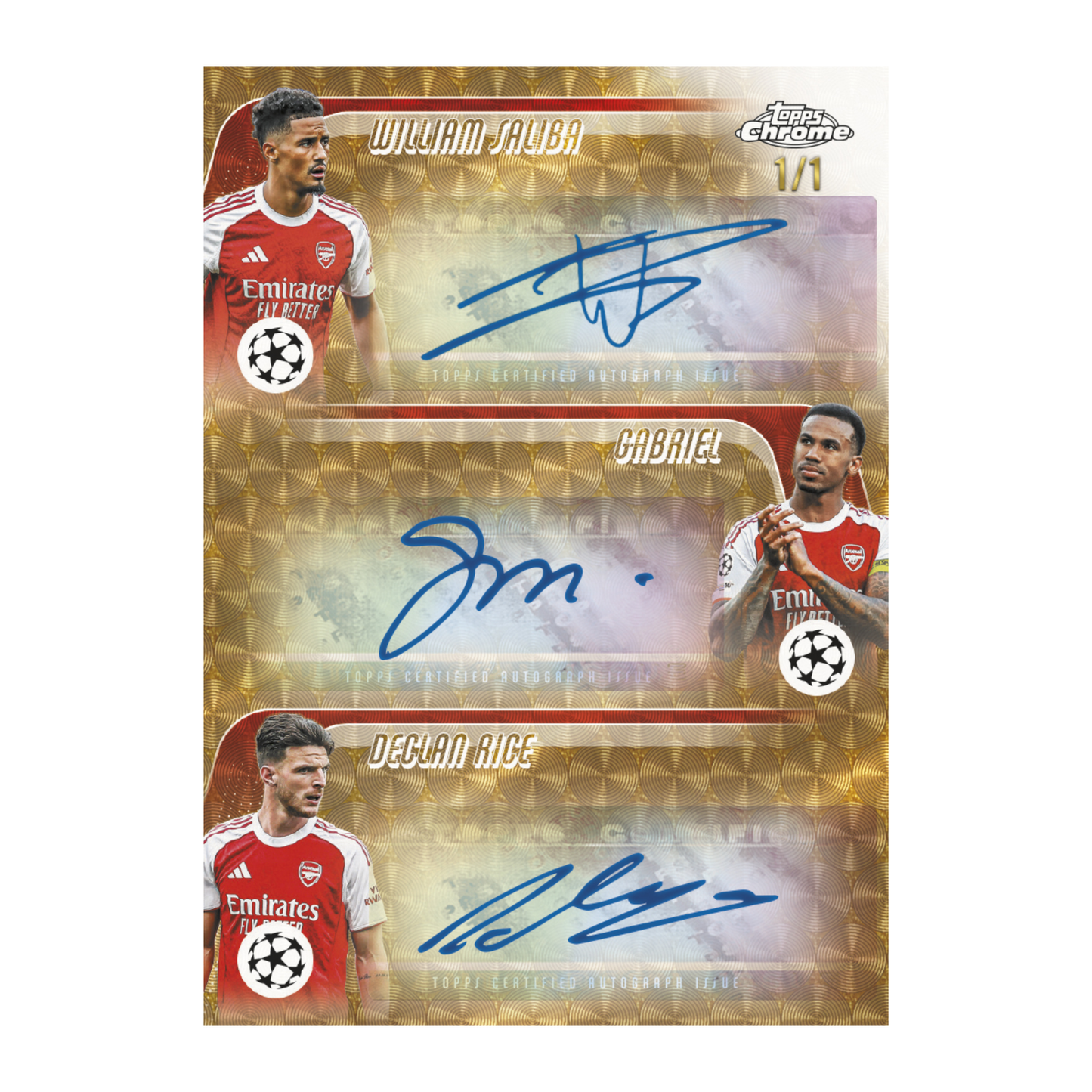 2025-26 Topps Chrome UEFA Club Competition Soccer Triple Autographs William Saliba, Gabriel, and Declan Rice