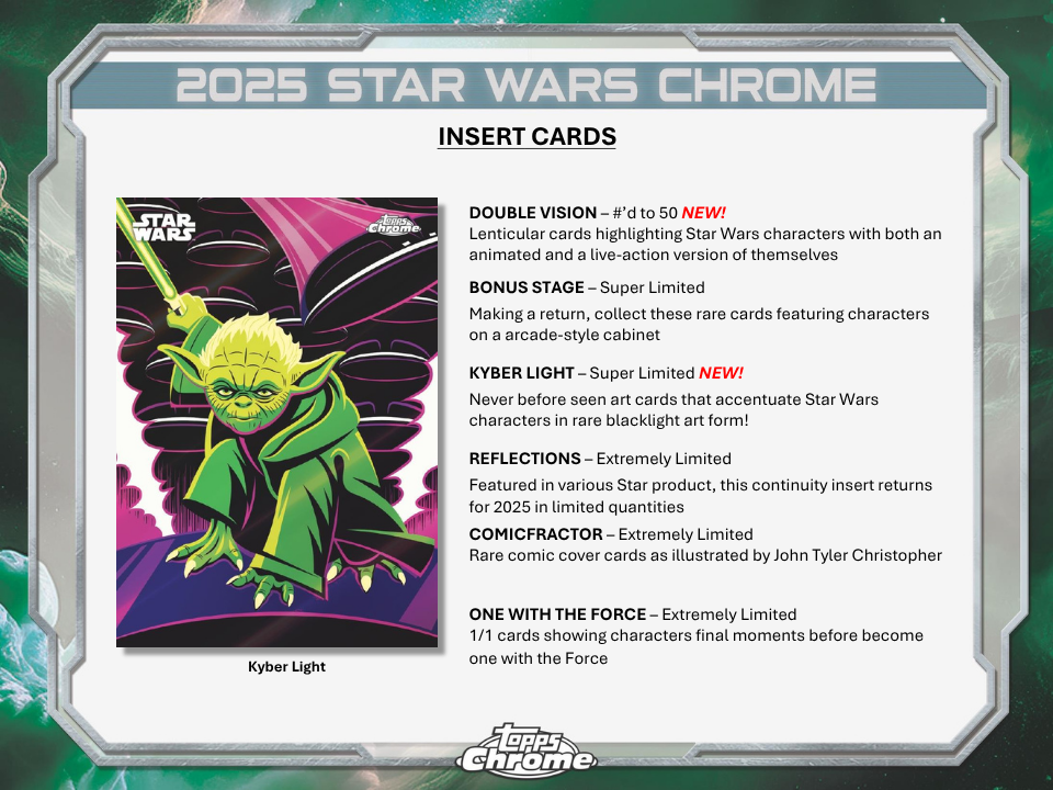 Star Wars Chrome trading card with character illustration and text about card features.