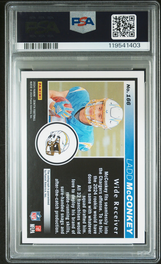 2024 Panini Zenith Autograph Red Zone Blue /25 Ladd McConkey #166 PSA 8