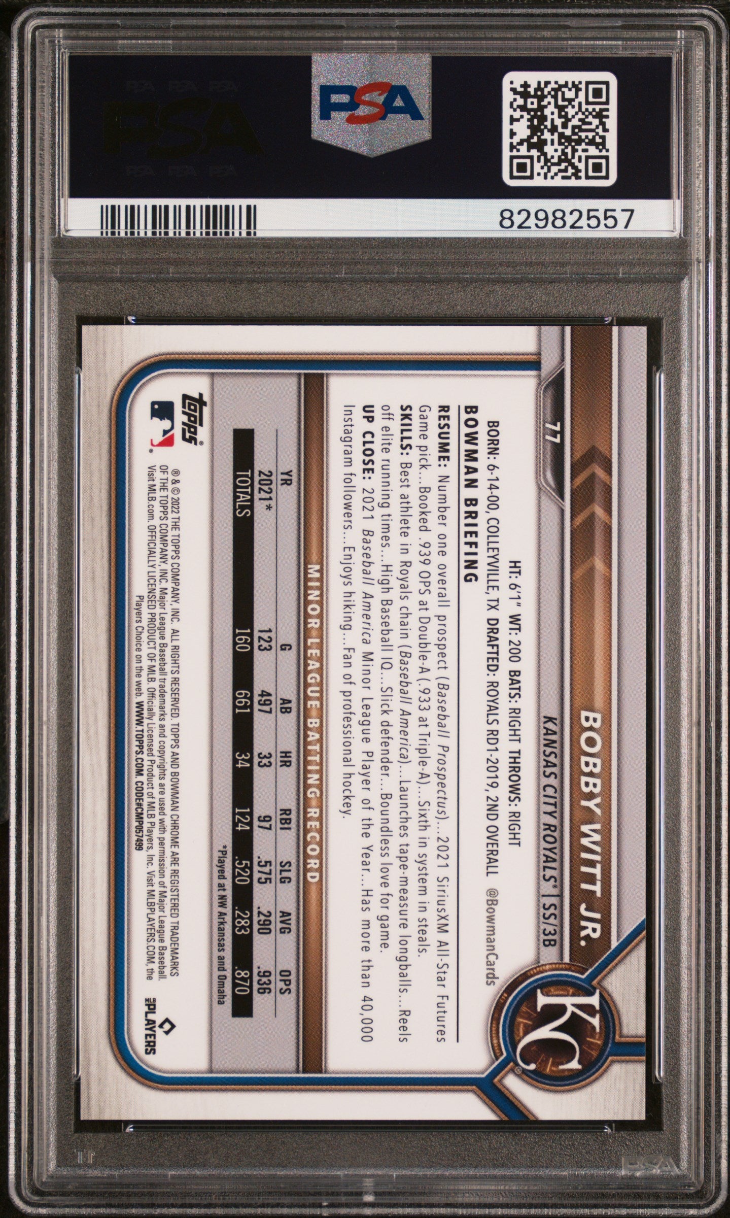 2022 Bowman Chrome Sapphire Edition SP Aqua /99 Bobby Witt Jr. #77 PSA 9