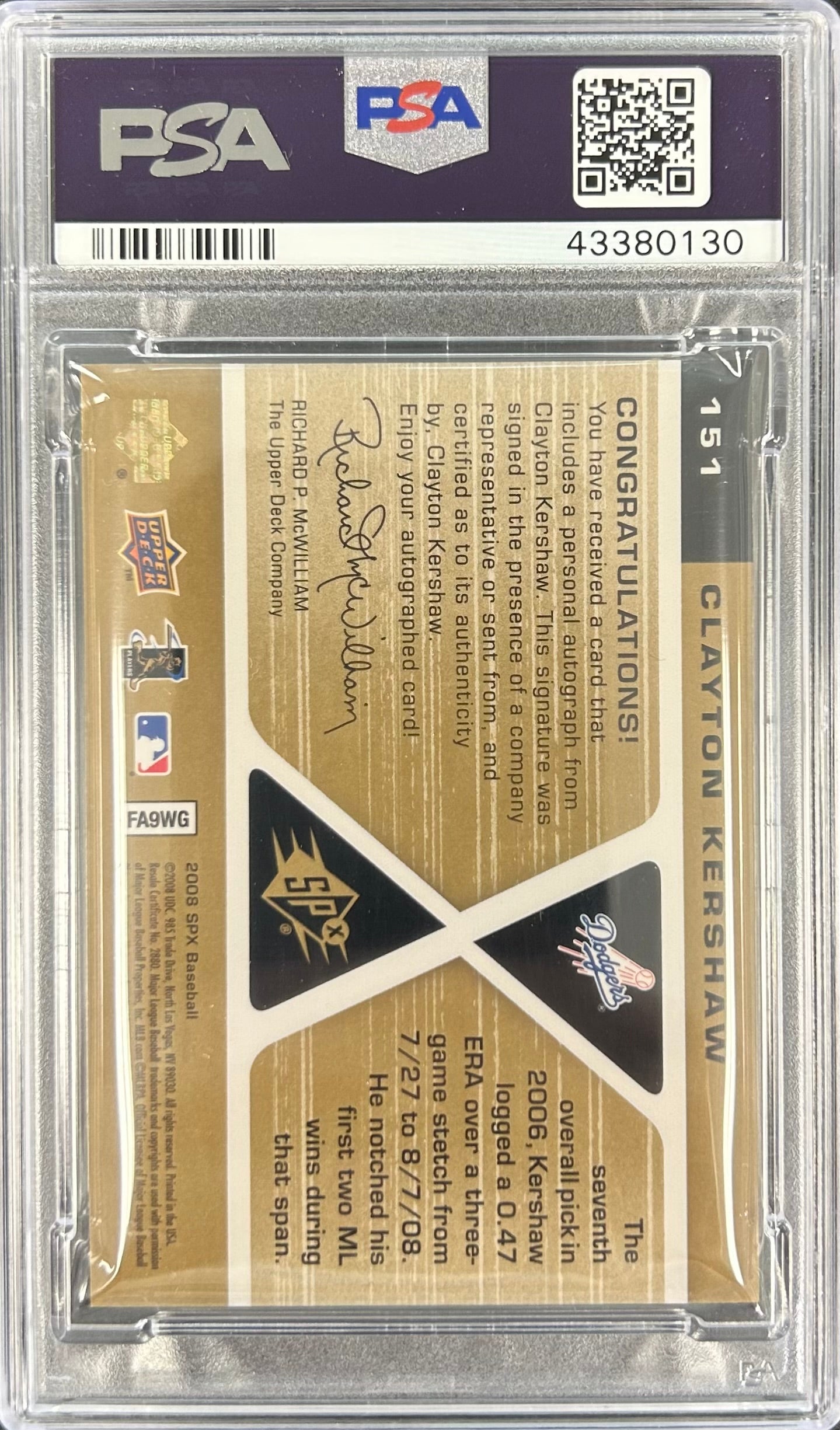 2008 Upper Deck SPx Rookie Signatures #151 Clayton Kershaw PSA 9