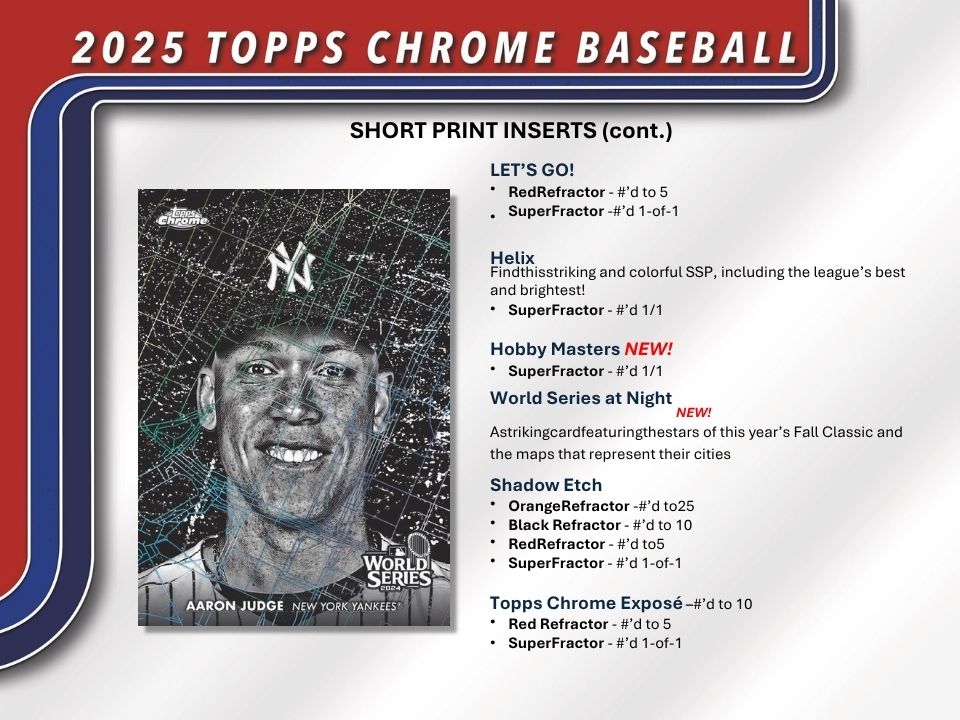 2025 Topps Chrome Baseball card with a player's image and promotional text.