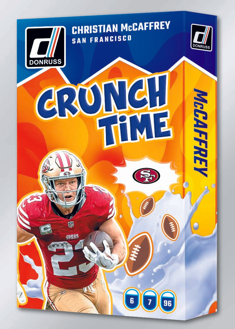Donruss Crunch Time football trading card packaging featuring Christian McCaffrey