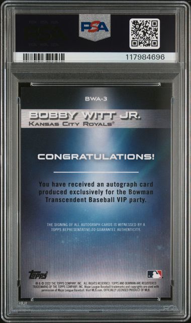2022 Bowman Transcendent VIP Party Autograph /50 #BWA3 Bobby Witt Jr. PSA 10 - Back