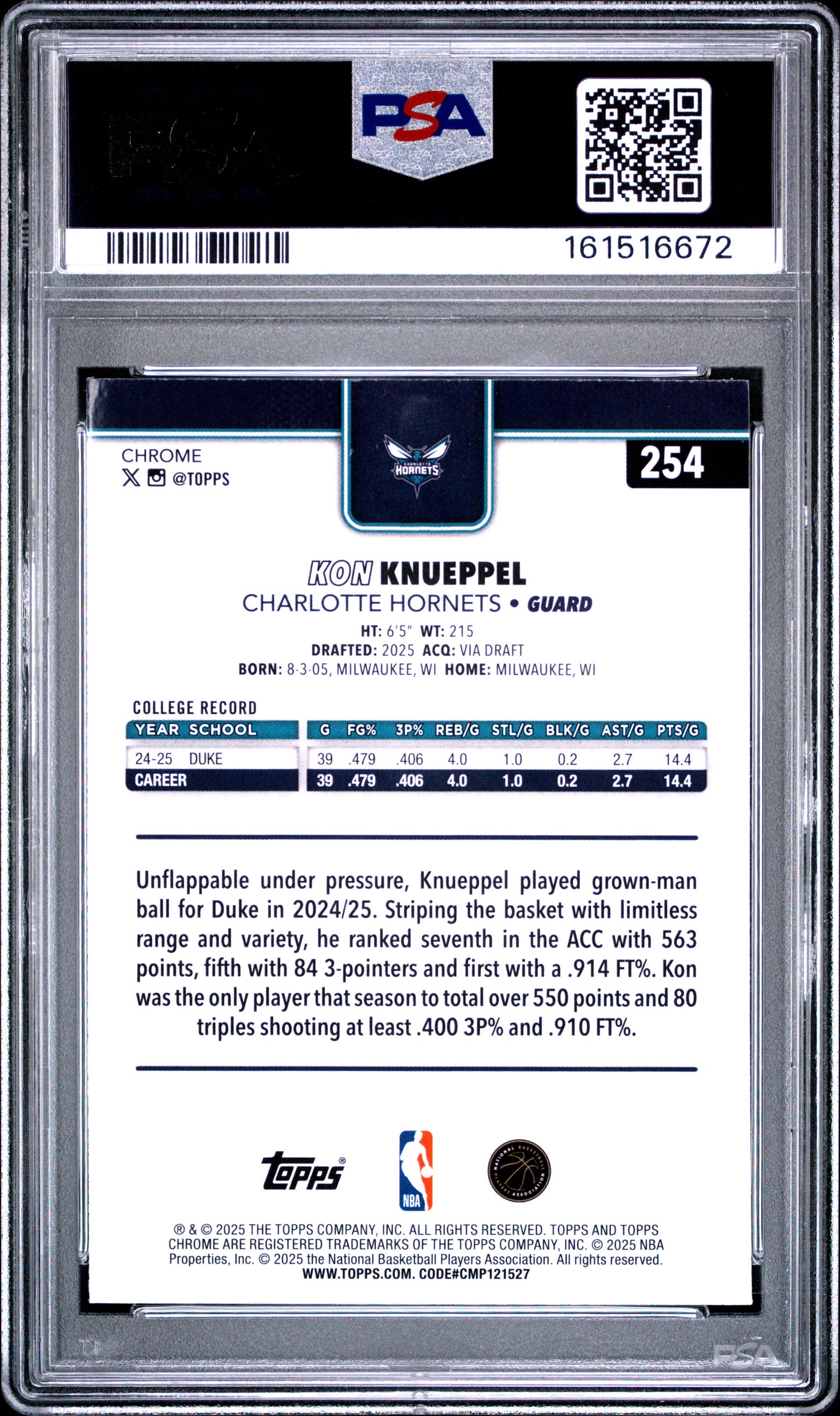 2025 Topps Chrome Basketball Refractor #254 Kon Knueppel PSA 10