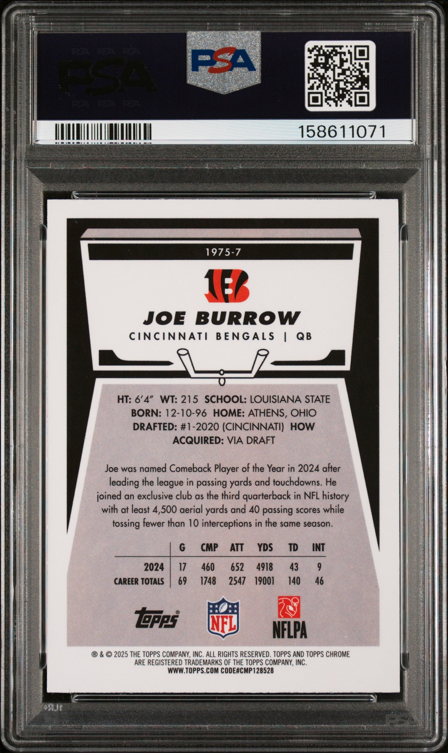 2025 Topps Chrome 1975 Topps Blue Refractor /150 #7 Joe Burrow PSA 9