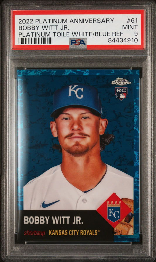 2022 Topps Platinum Anniversary Platinum Toile White/Blue Refractor /199 Bobby Witt Jr. #61 PSA 9