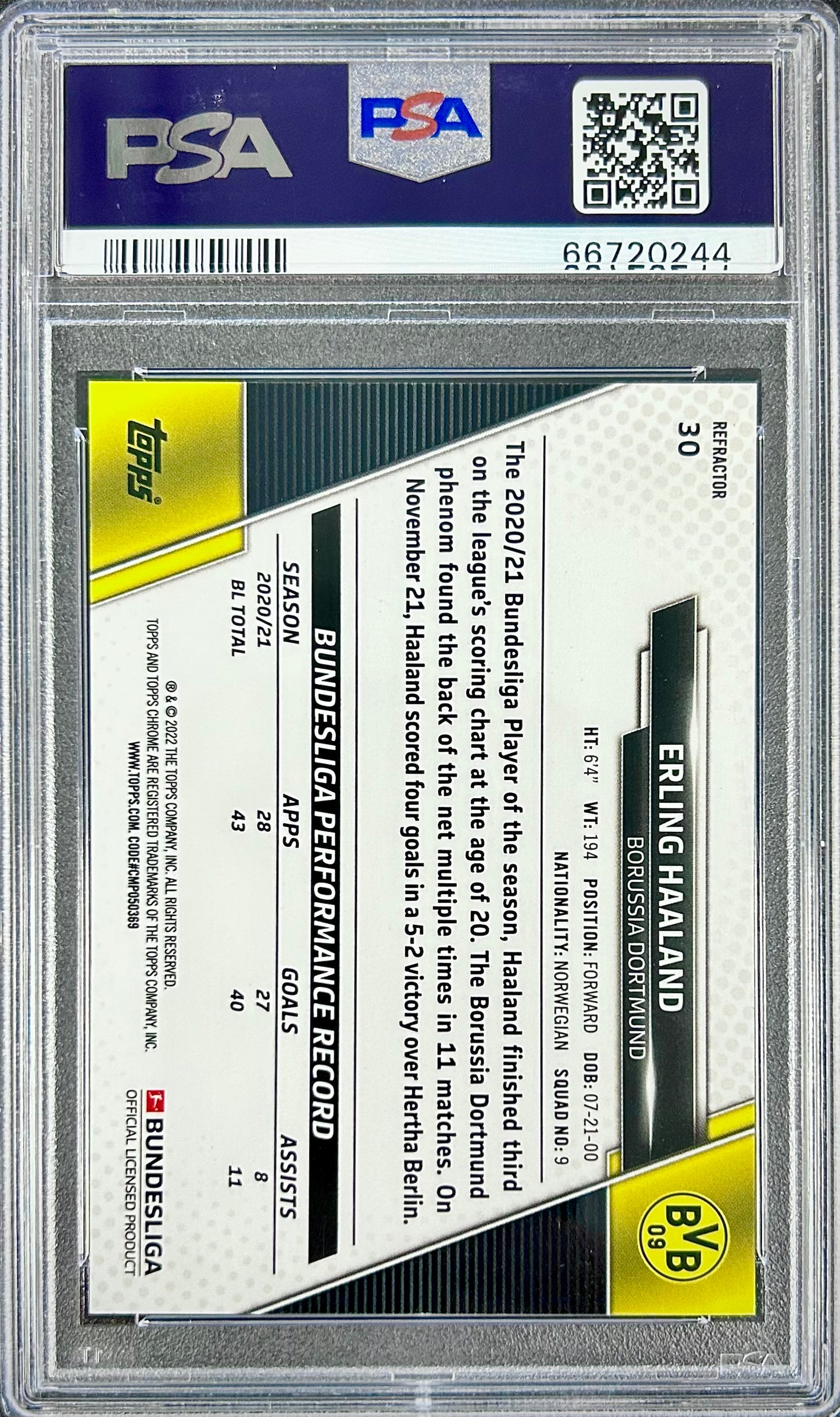 2021-22 Topps Chrome Bundesliga Refractor #30 Erling Haaland PSA 10