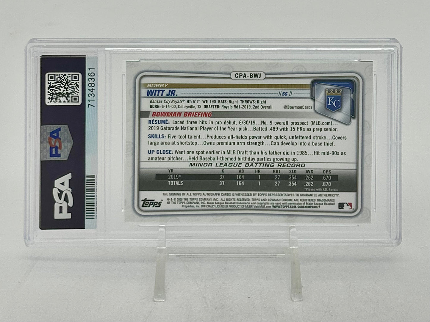 2020 Bowman Chrome Prospect Autograph Green Shimmer /99 Bobby Witt Jr. #CPABWJ PSA 9 / Auto 10